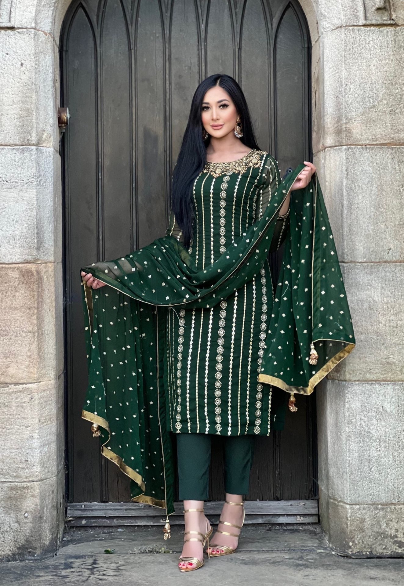 Green chiffon 3pc embroidered - immediat delivery