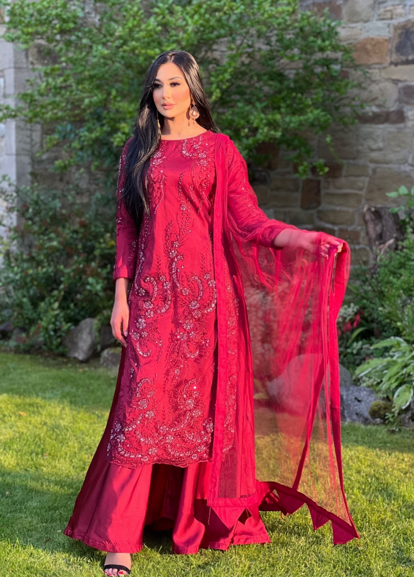 maroon embroidered net sharara -PRE ORDER DEIVERY 6WKS