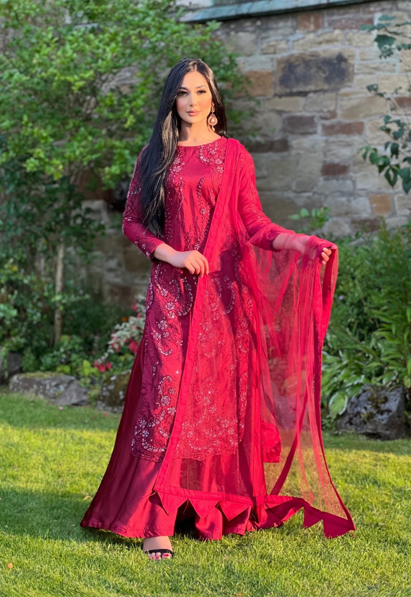 maroon embroidered net sharara -PRE ORDER DEIVERY 6WKS