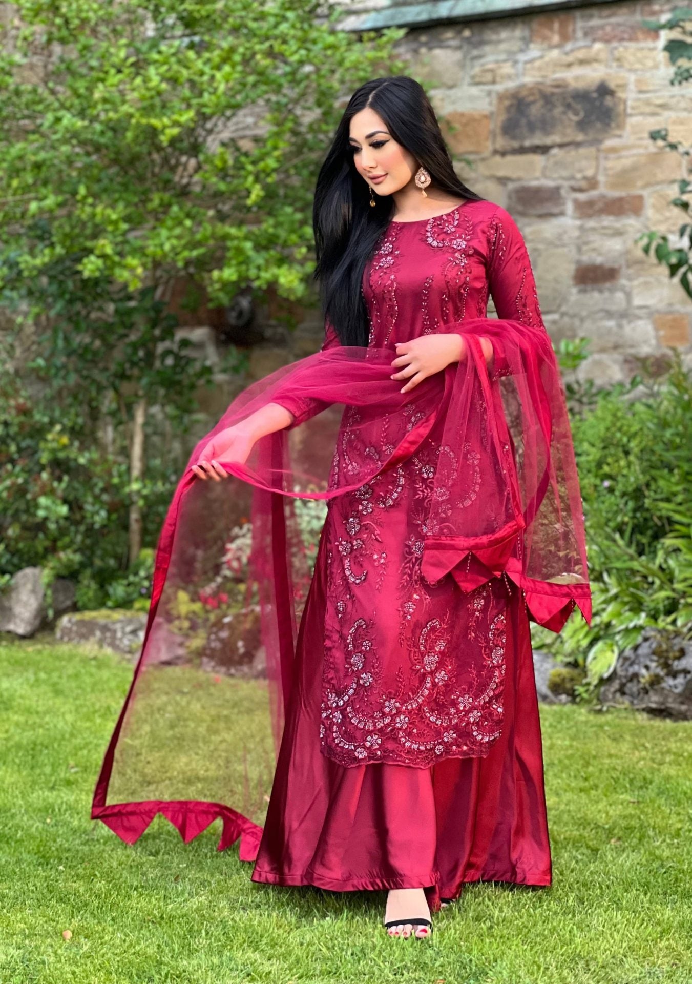 maroon embroidered net sharara -PRE ORDER DEIVERY 6WKS