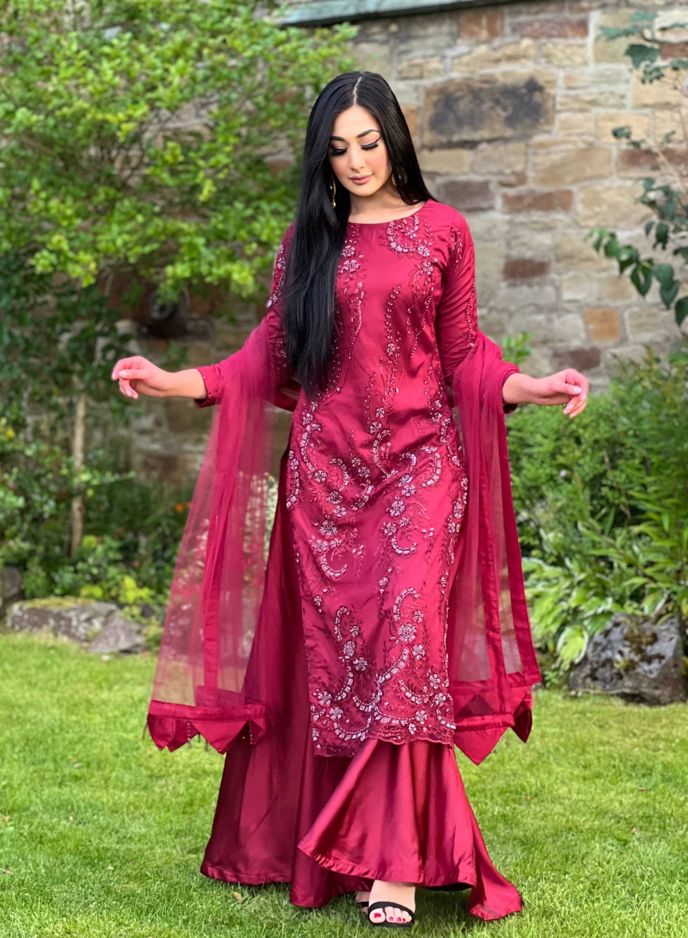 maroon embroidered net sharara -PRE ORDER DEIVERY 6WKS