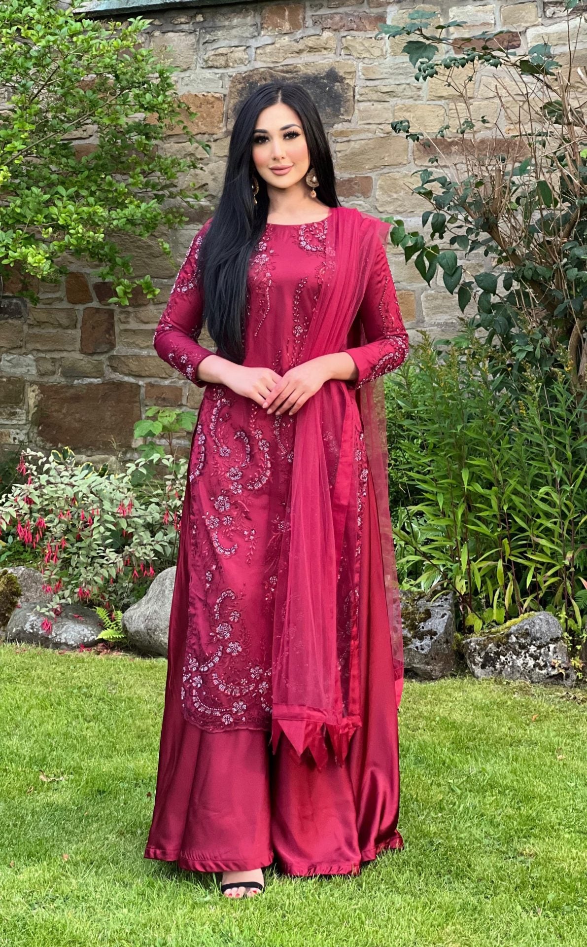 maroon embroidered net sharara -PRE ORDER DEIVERY 6WKS