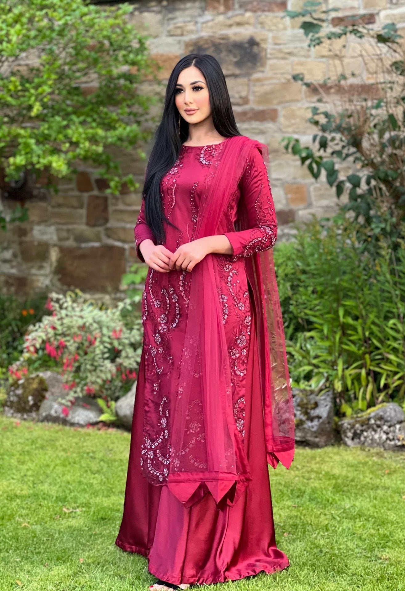 maroon embroidered net sharara -PRE ORDER DEIVERY 6WKS