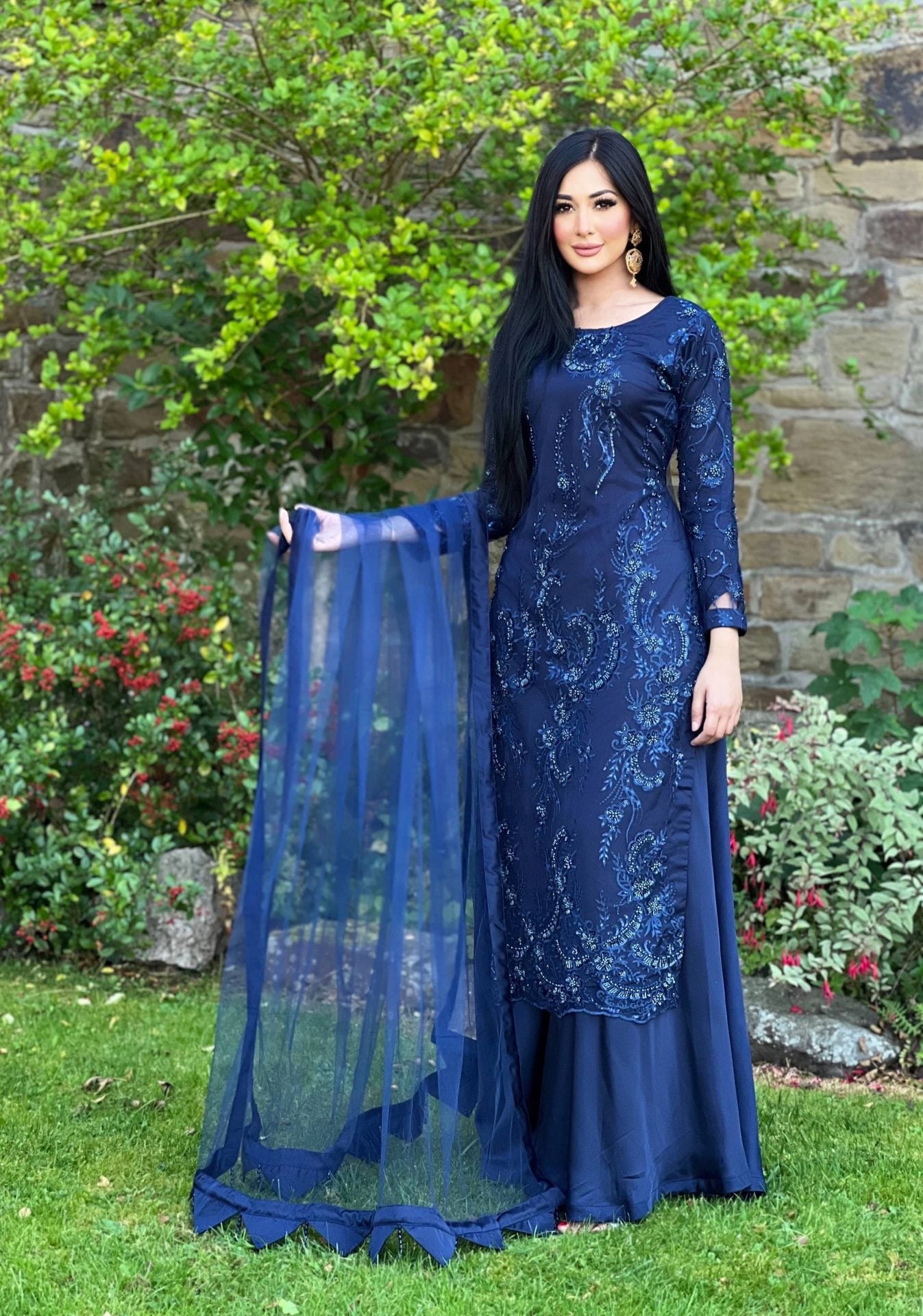 Navy embroidered net sharara - pre order 4 wks delivery