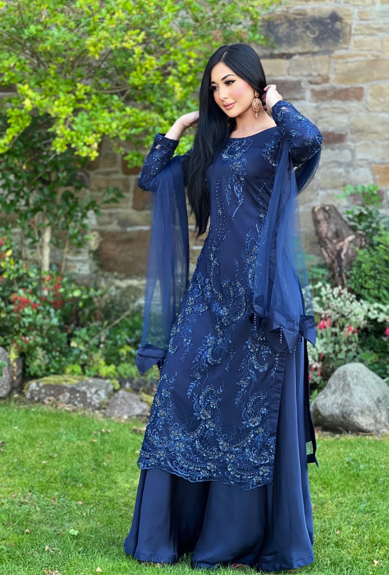 Navy embroidered net sharara - pre order 4 wks delivery