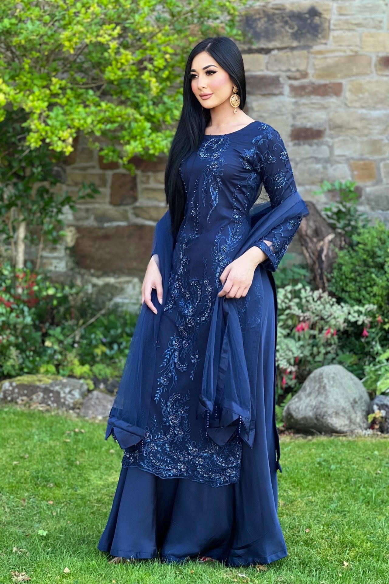 Navy embroidered net sharara - pre order 4 wks delivery