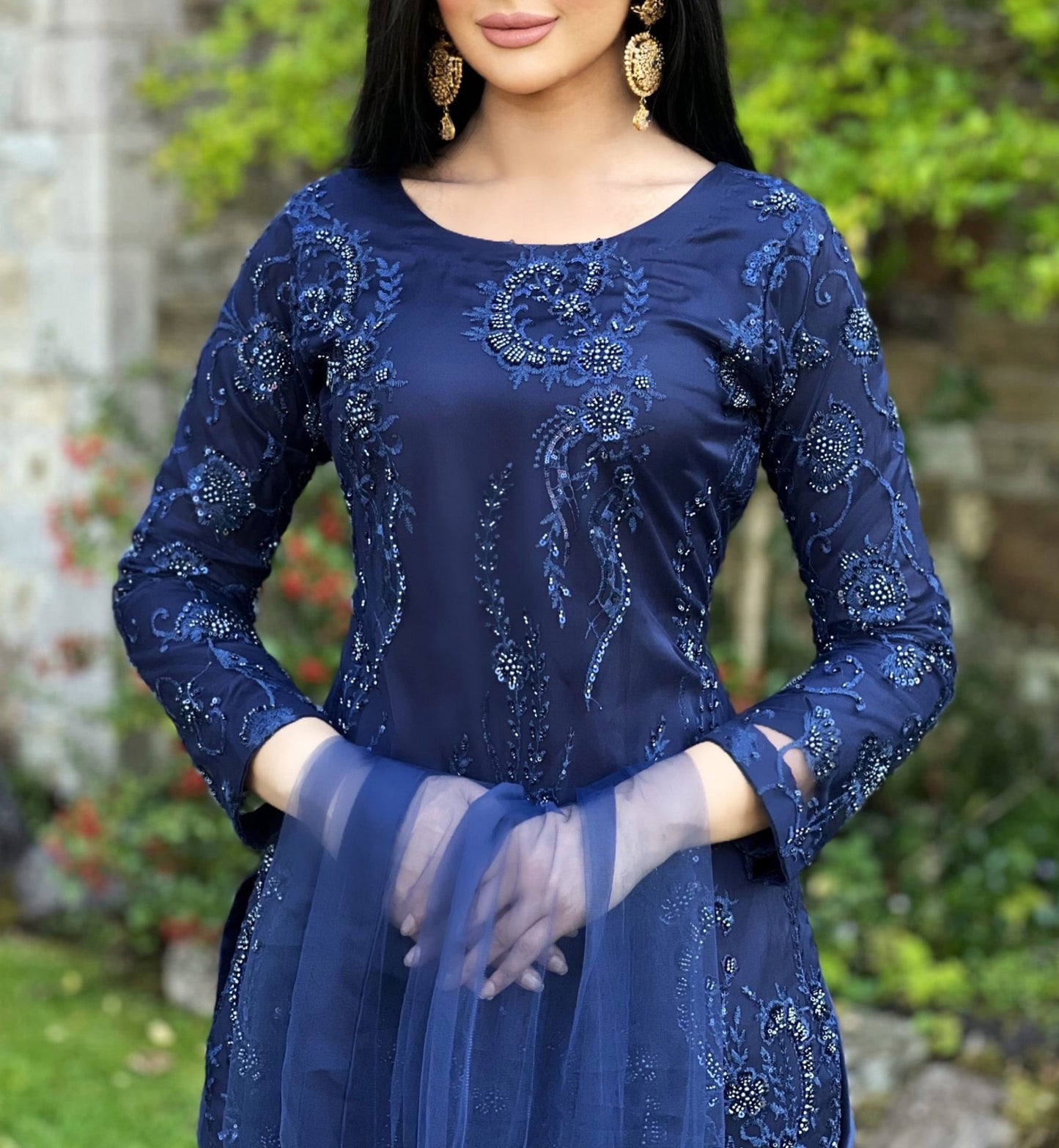 Navy embroidered net sharara - pre order 4 wks delivery