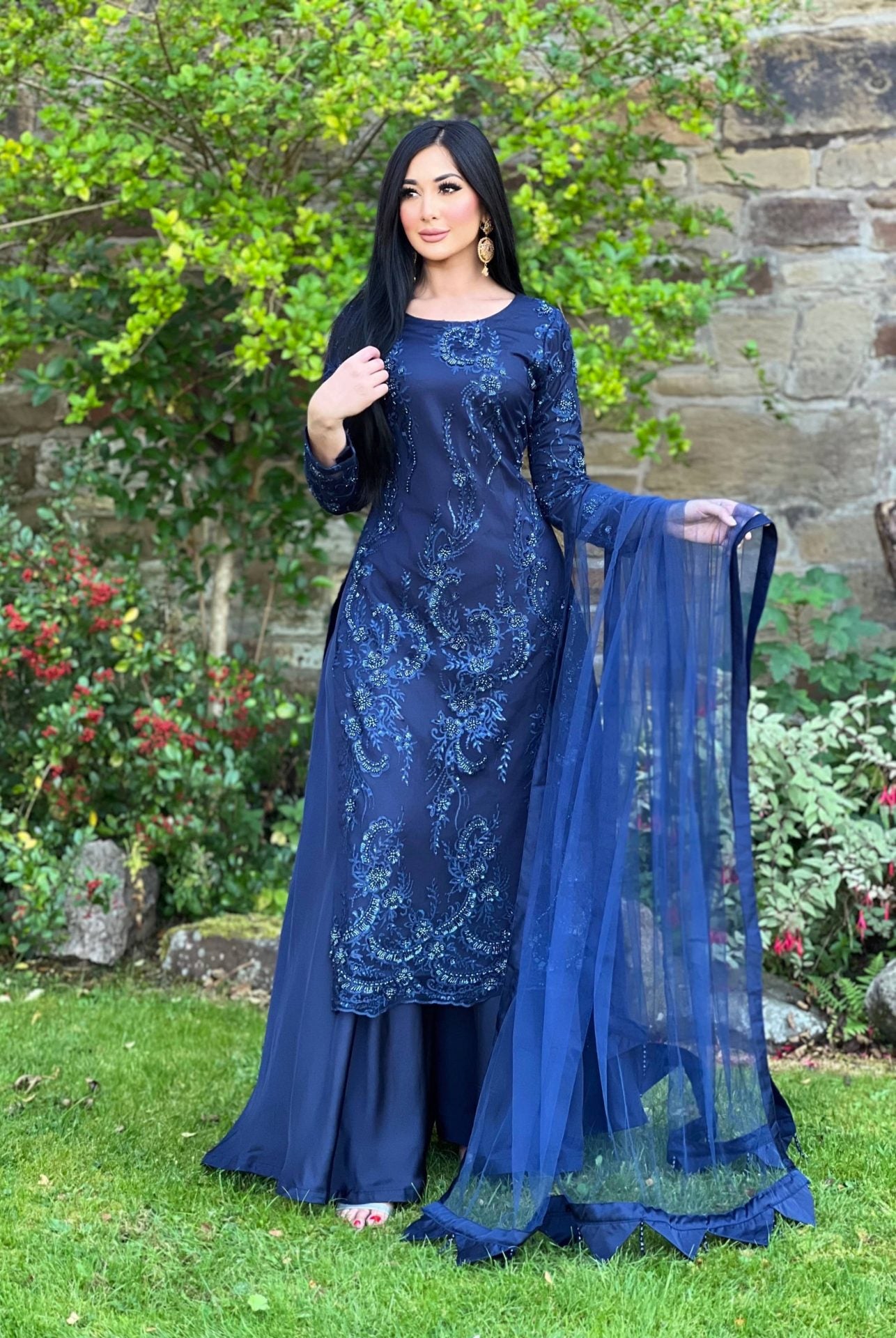 Navy embroidered net sharara - pre order 4 wks delivery