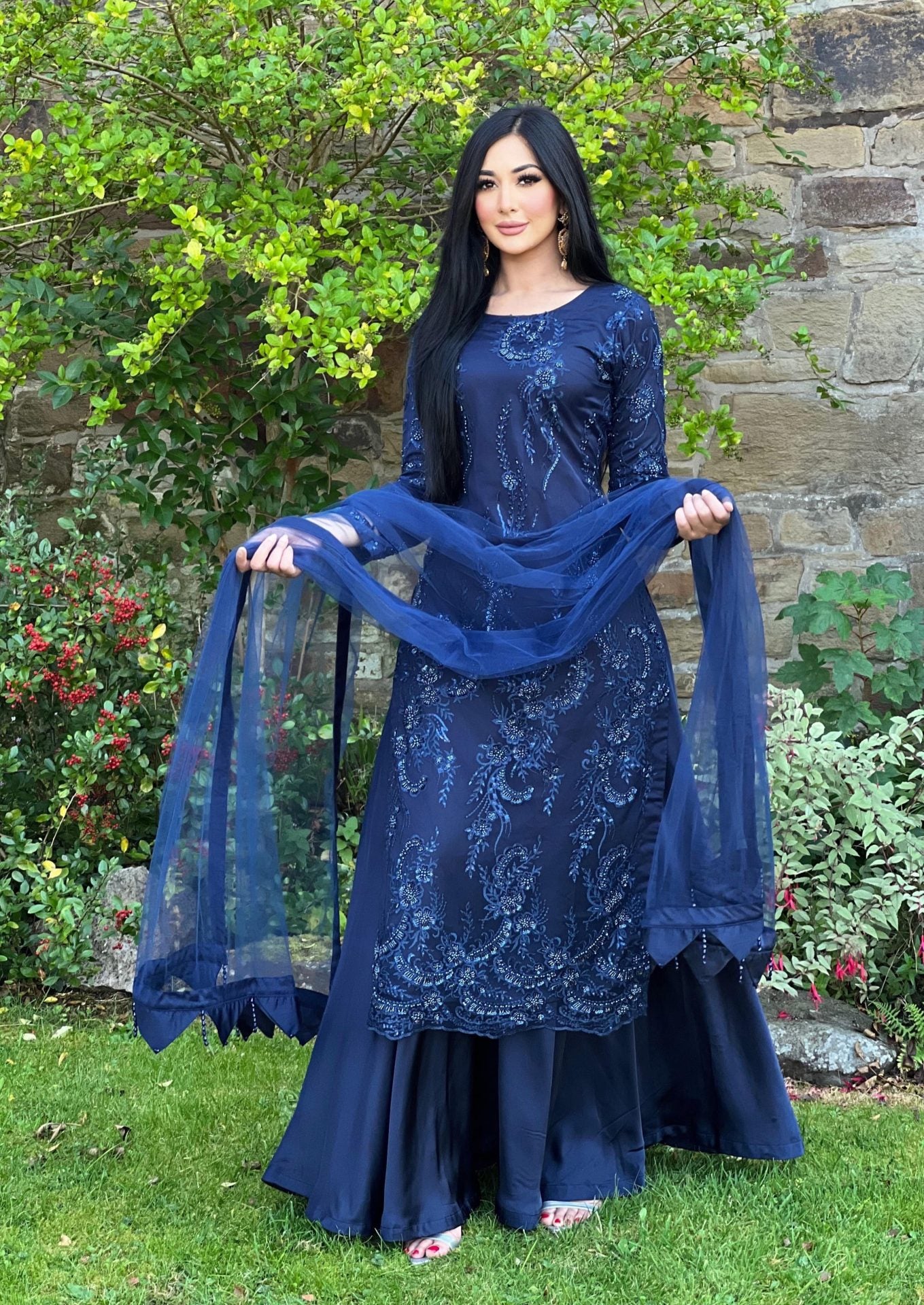 Navy embroidered net sharara - pre order 4 wks delivery