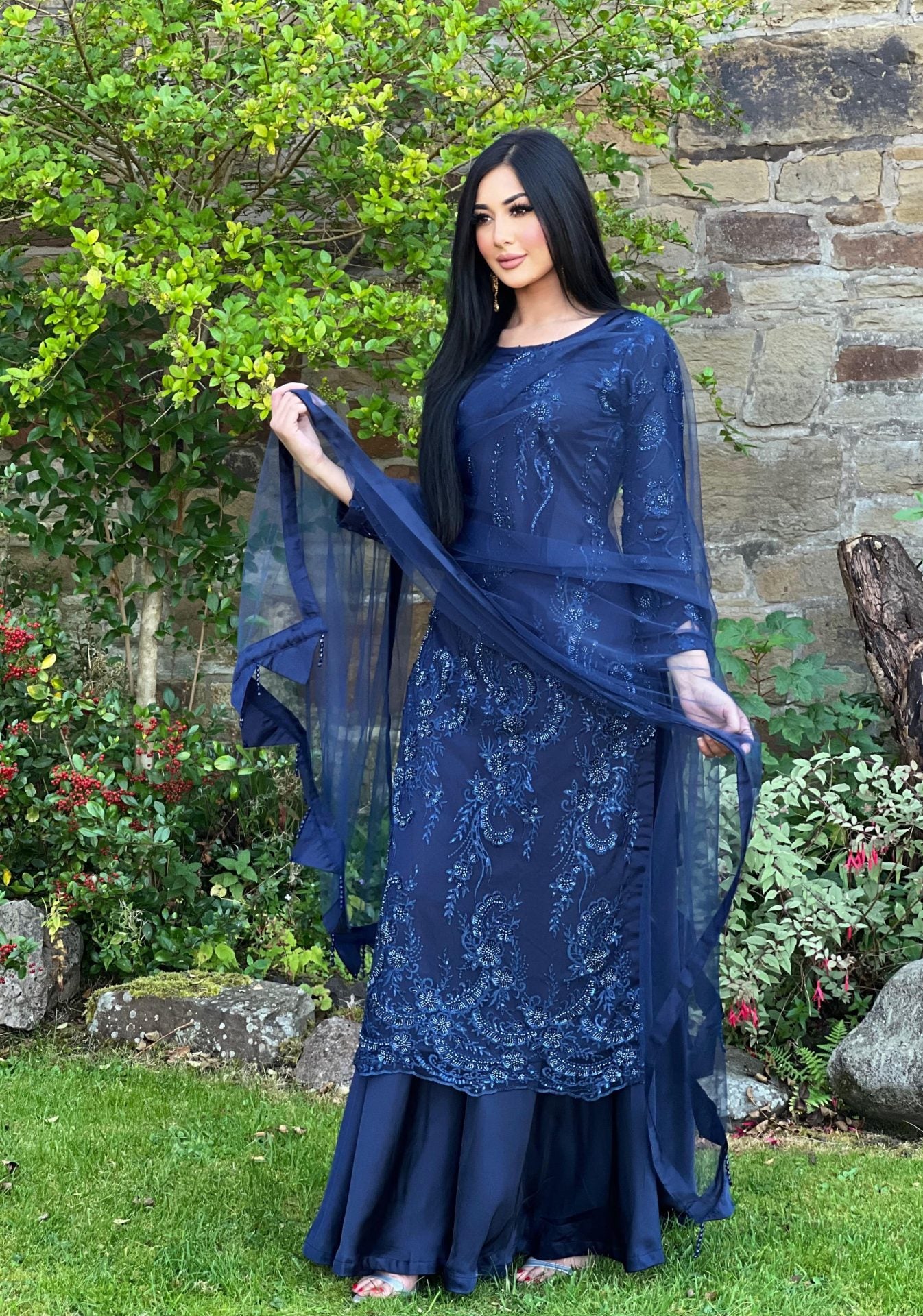 Navy embroidered net sharara - pre order 4 wks delivery