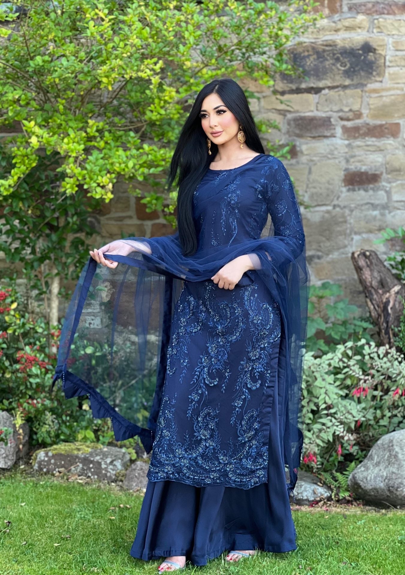 Navy embroidered net sharara - pre order 4 wks delivery