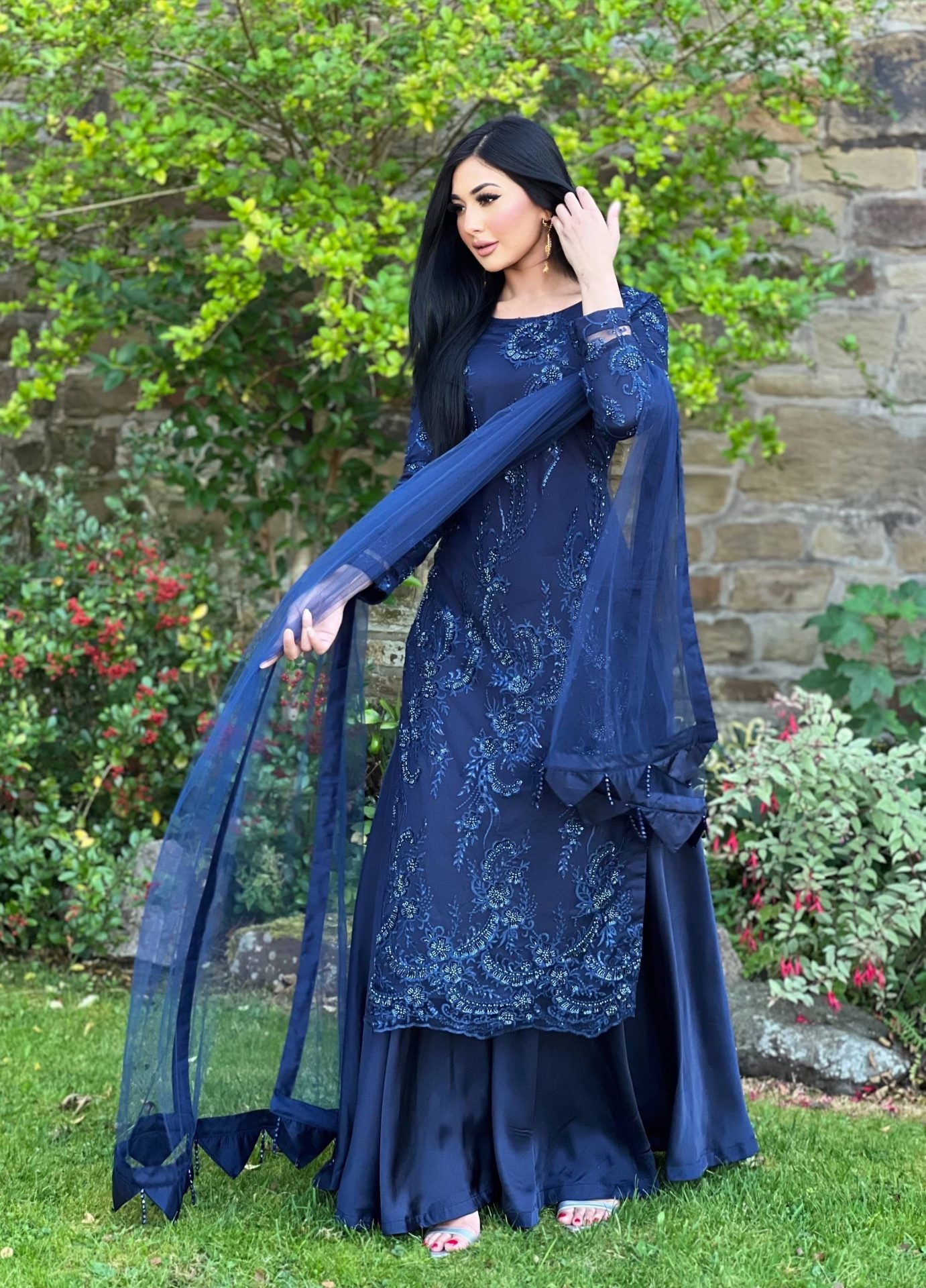 Navy embroidered net sharara - pre order 4 wks delivery