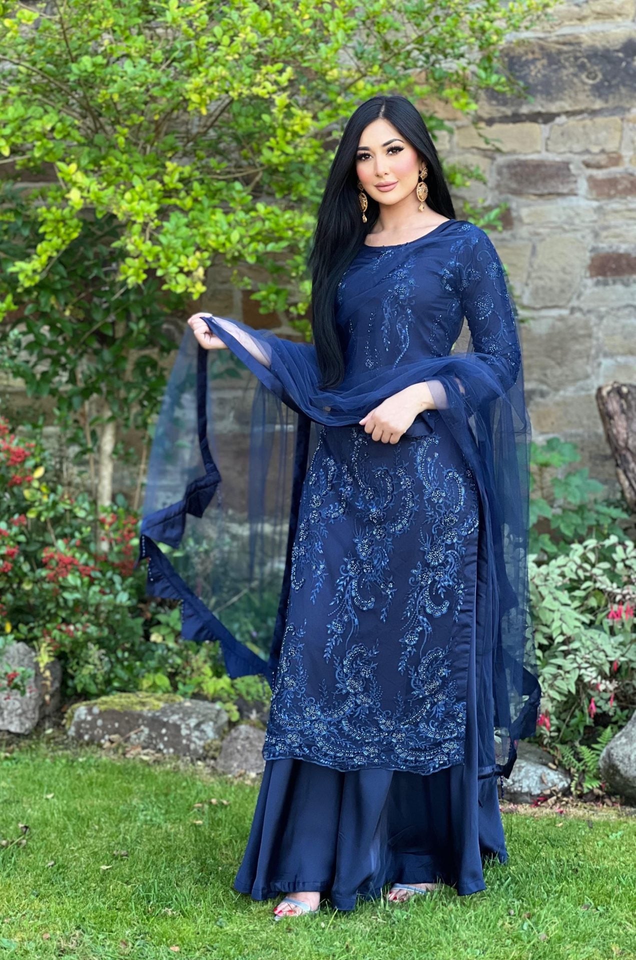 Navy embroidered net sharara - pre order 4 wks delivery