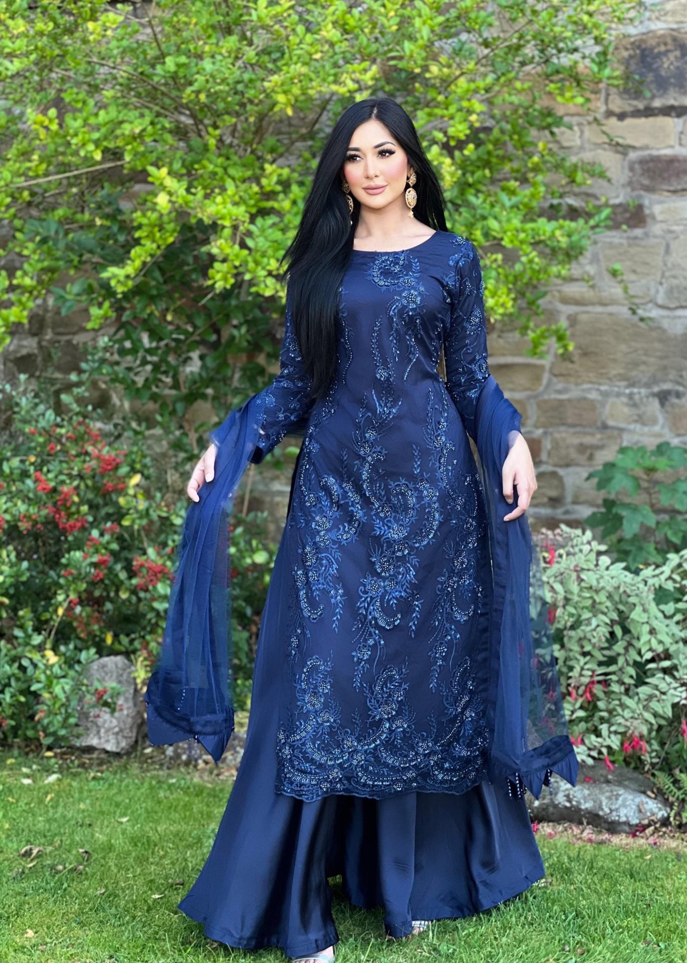 Navy embroidered net sharara - pre order 4 wks delivery