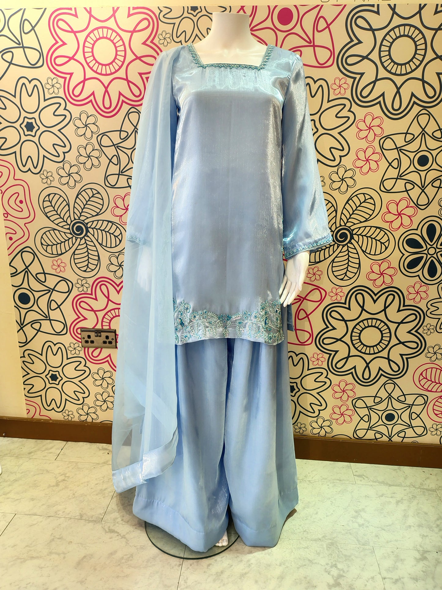 EMBROIDERED 3PC SHARARA SKY BLUE - DELIVERY 4 WEEKS
