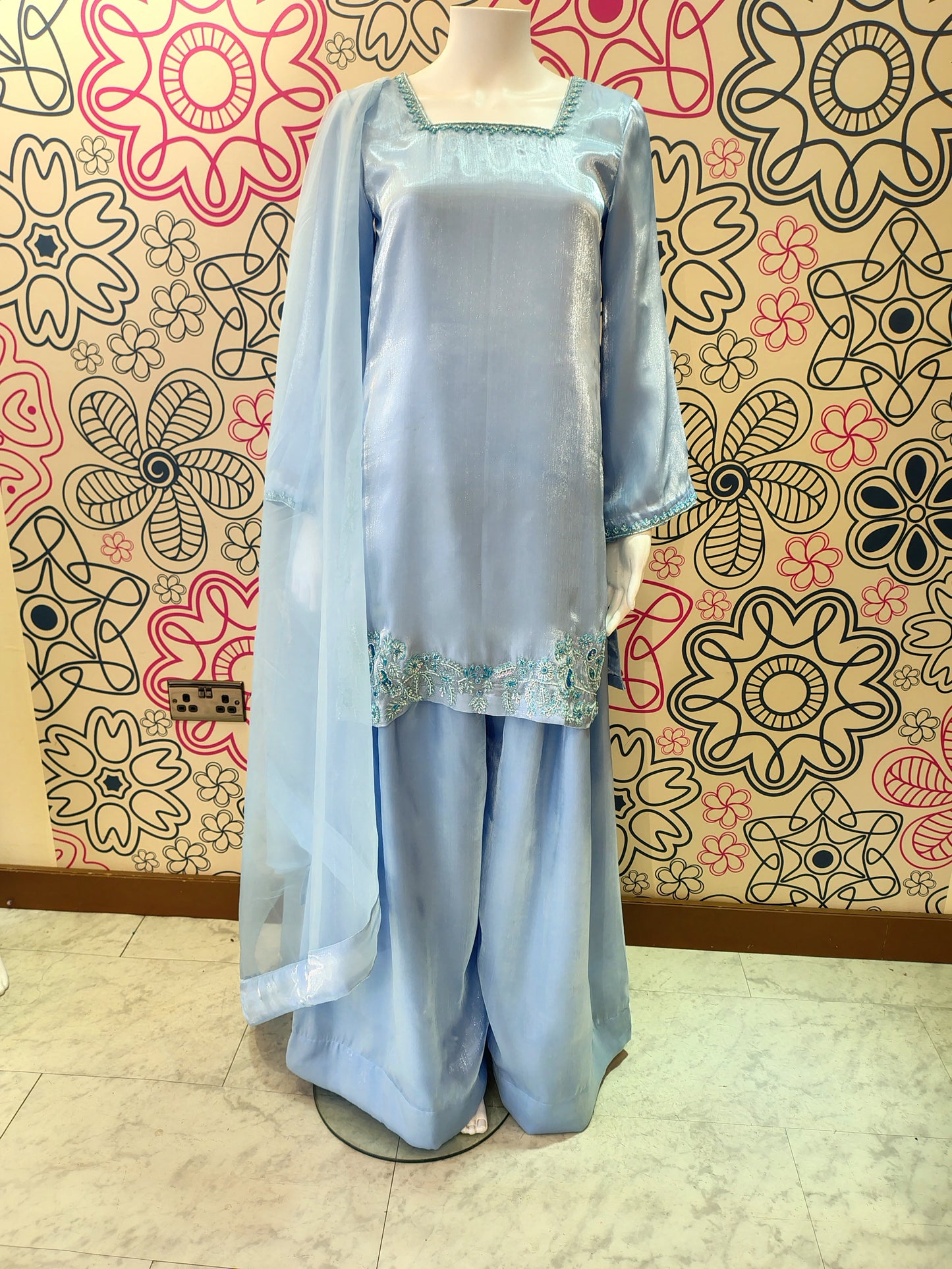 EMBROIDERED 3PC SHARARA SKY BLUE - DELIVERY 4 WEEKS