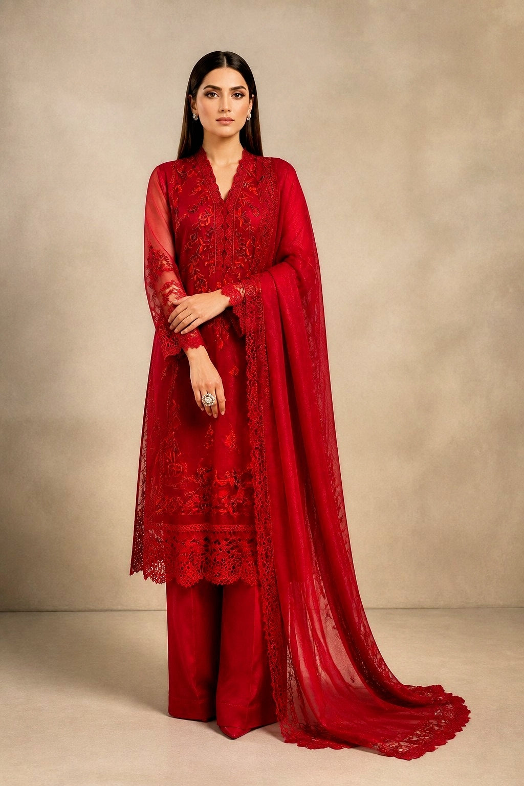Red khadi net 3pc - immediate delivery