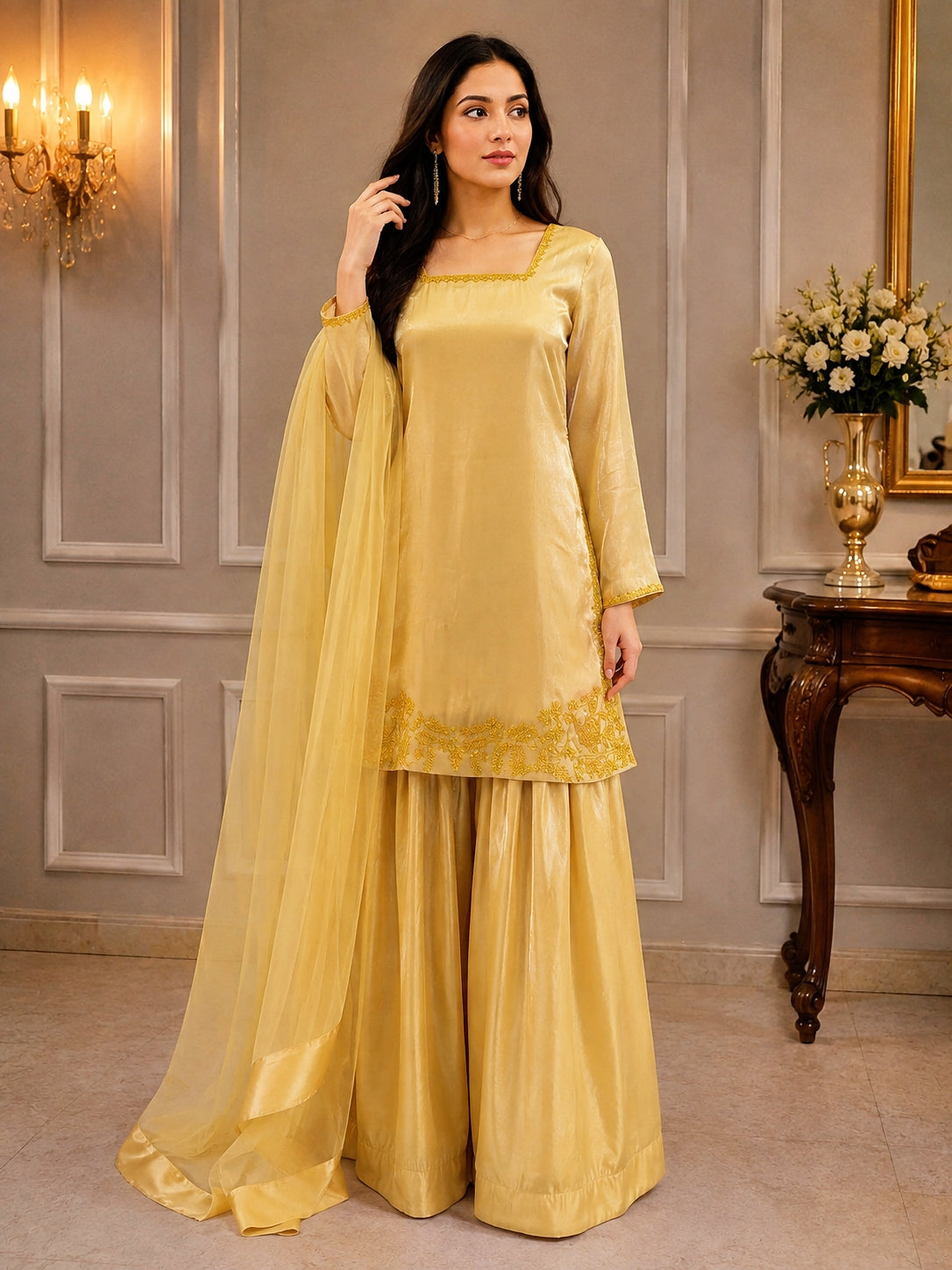 EMBROIDERED YELLOW SHARARA-DELIVERY 4 WEEKS