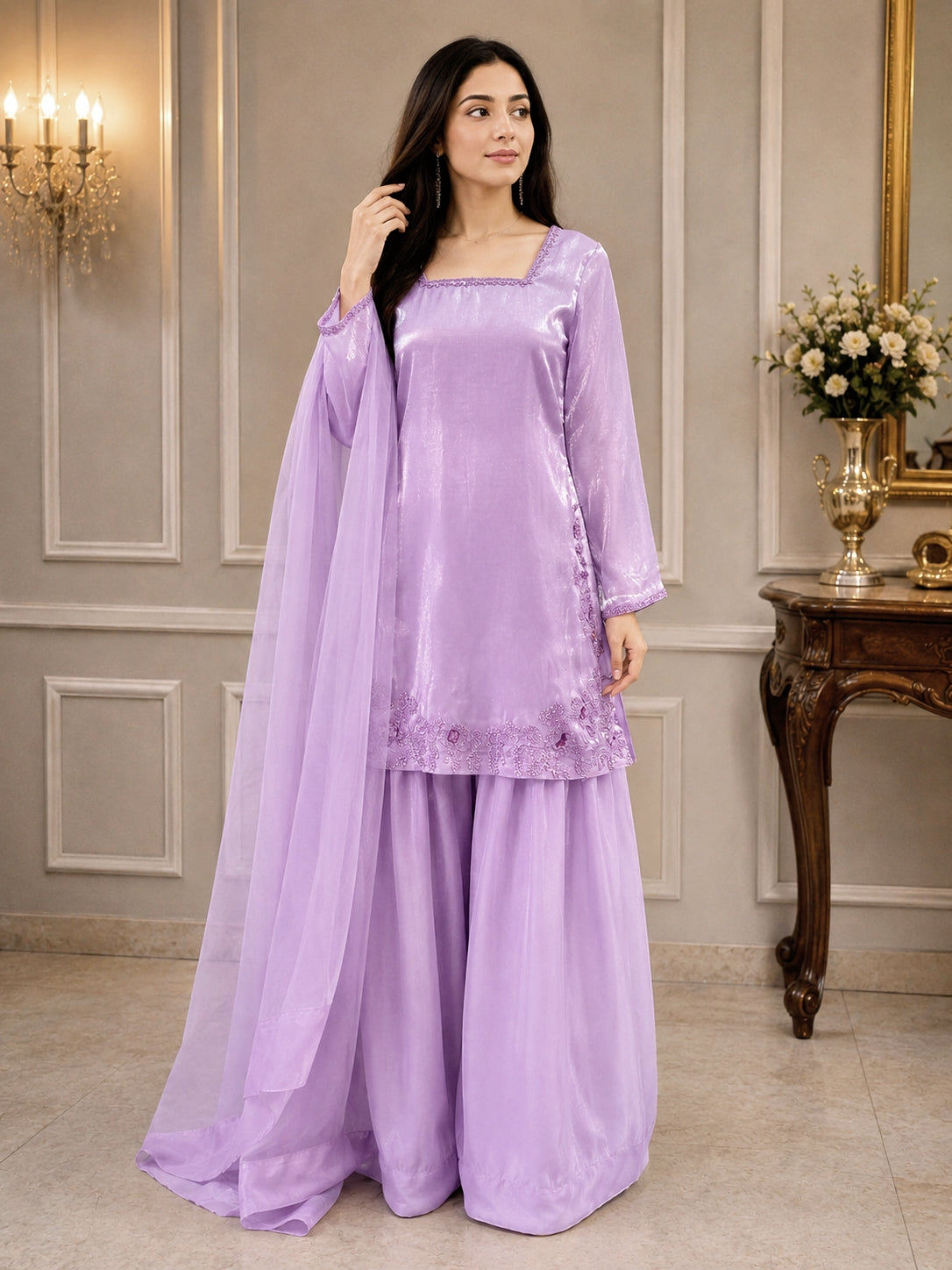EMBROIDERED LILAC SHARARA-DELIVERY 4 WEEKS