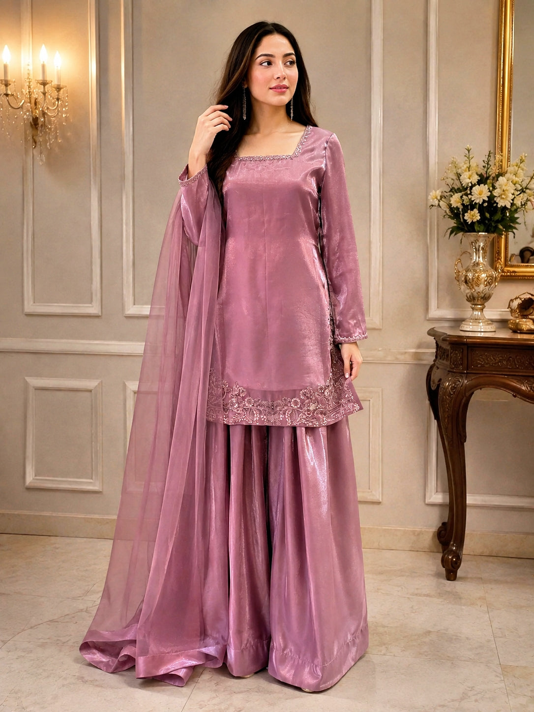EMBROIDERED DARK MAUVE SHARARA-DELIVERY 4 WEEKS