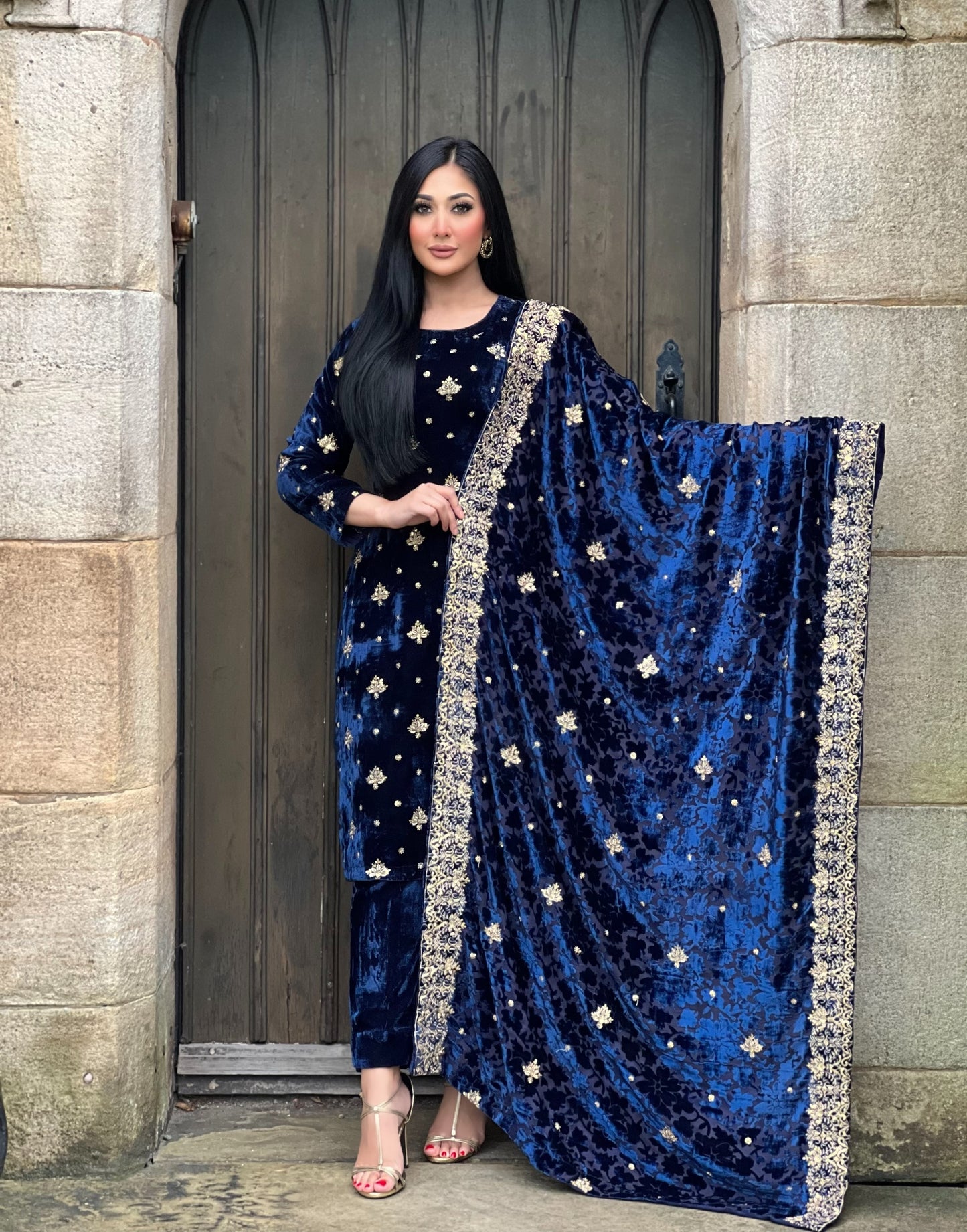 EMBROIDERED 3PC NAVY VELVET-IMMEDIATE DELIVERY