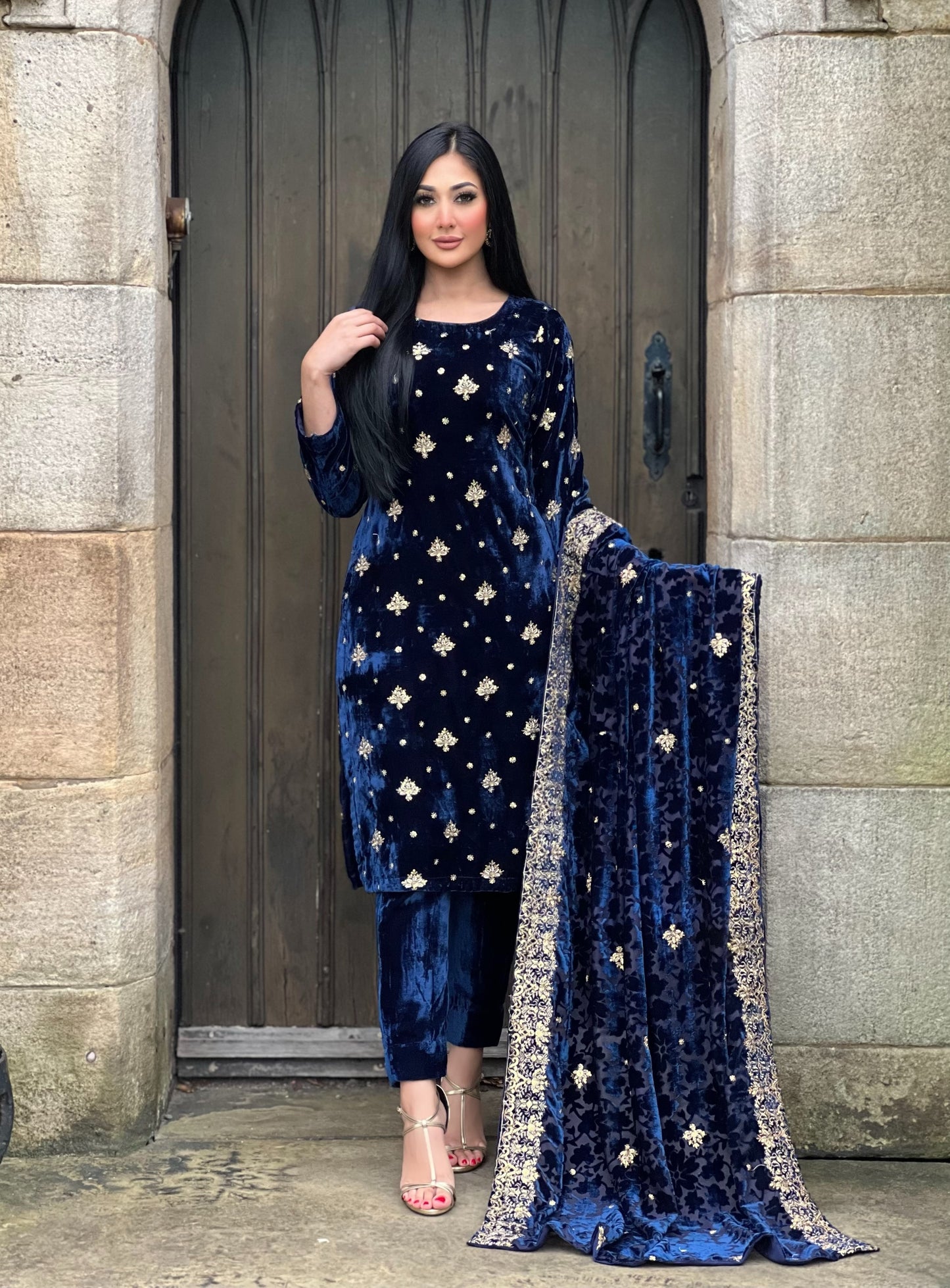 EMBROIDERED 3PC NAVY VELVET-IMMEDIATE DELIVERY