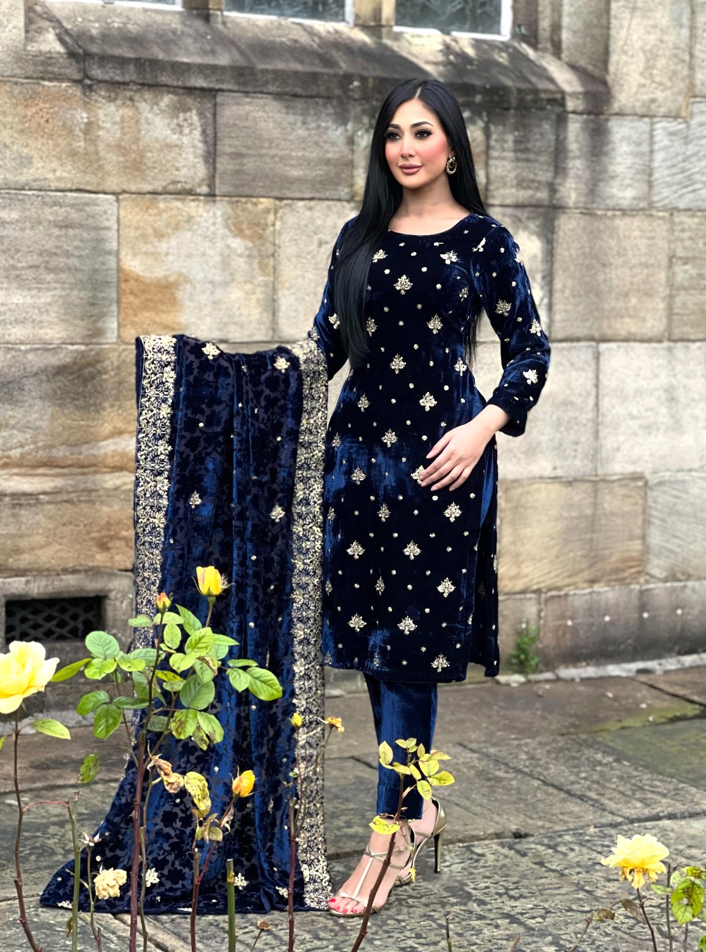 EMBROIDERED 3PC NAVY VELVET-IMMEDIATE DELIVERY