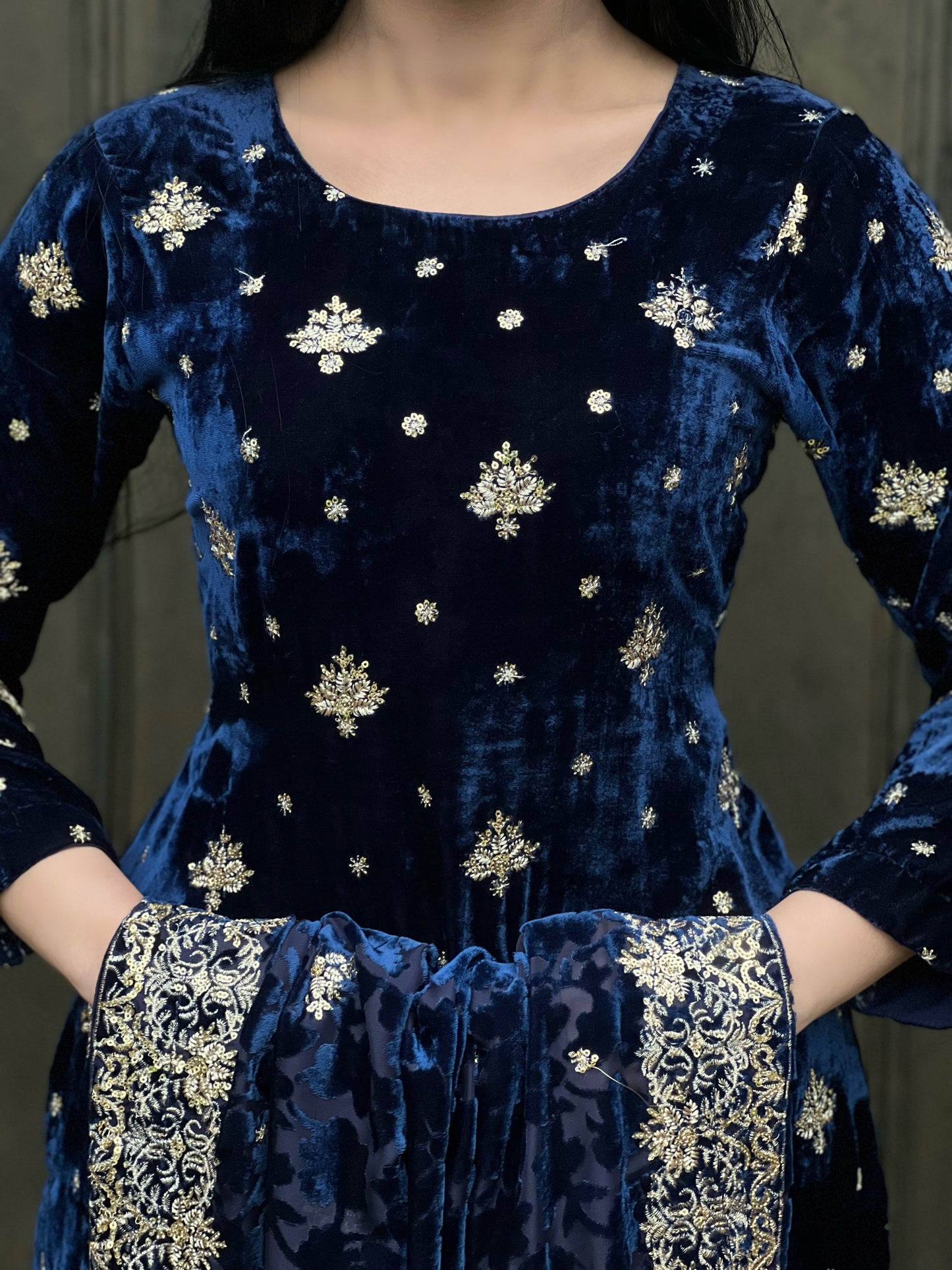 EMBROIDERED 3PC NAVY VELVET-IMMEDIATE DELIVERY