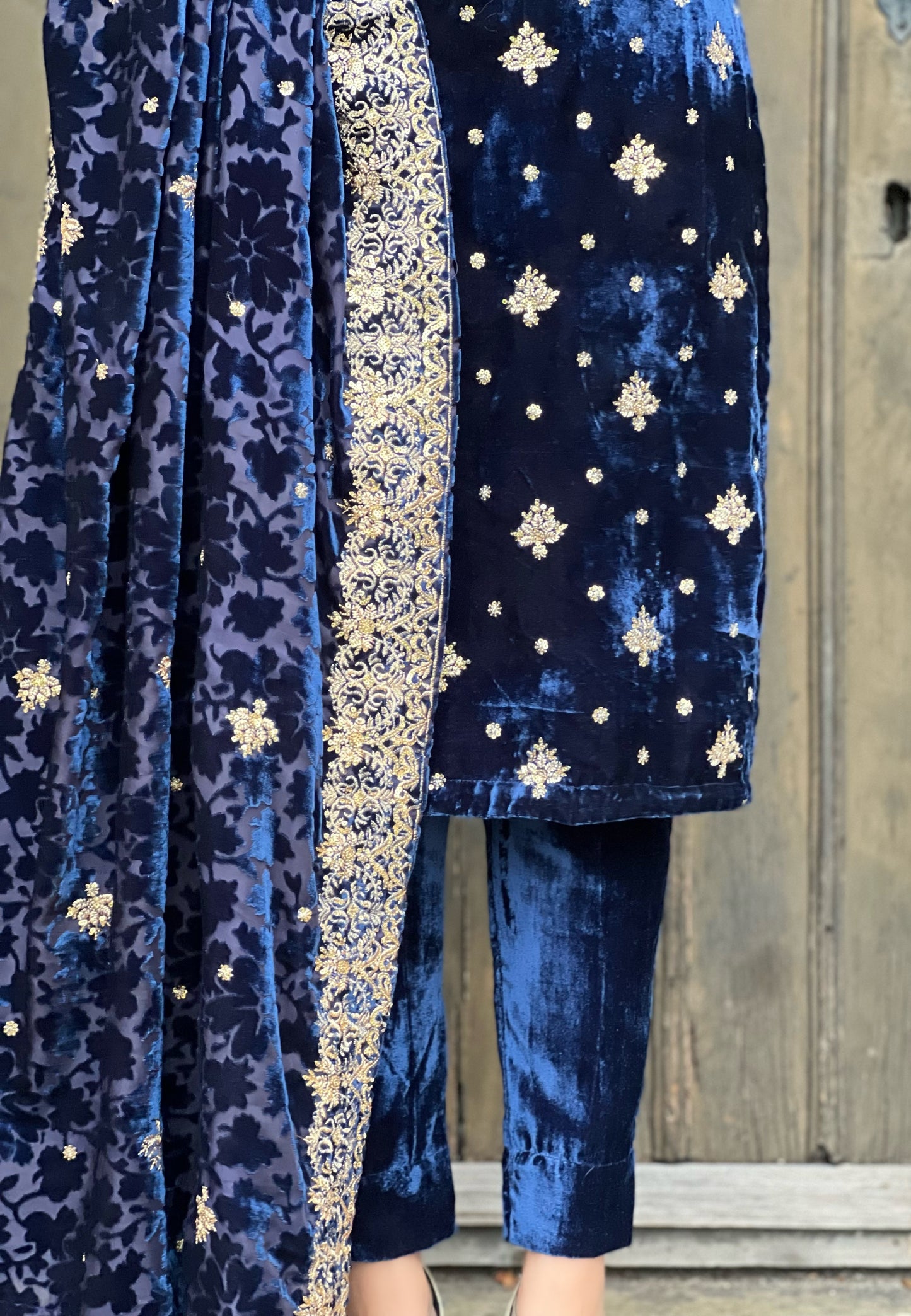 EMBROIDERED 3PC NAVY VELVET-IMMEDIATE DELIVERY