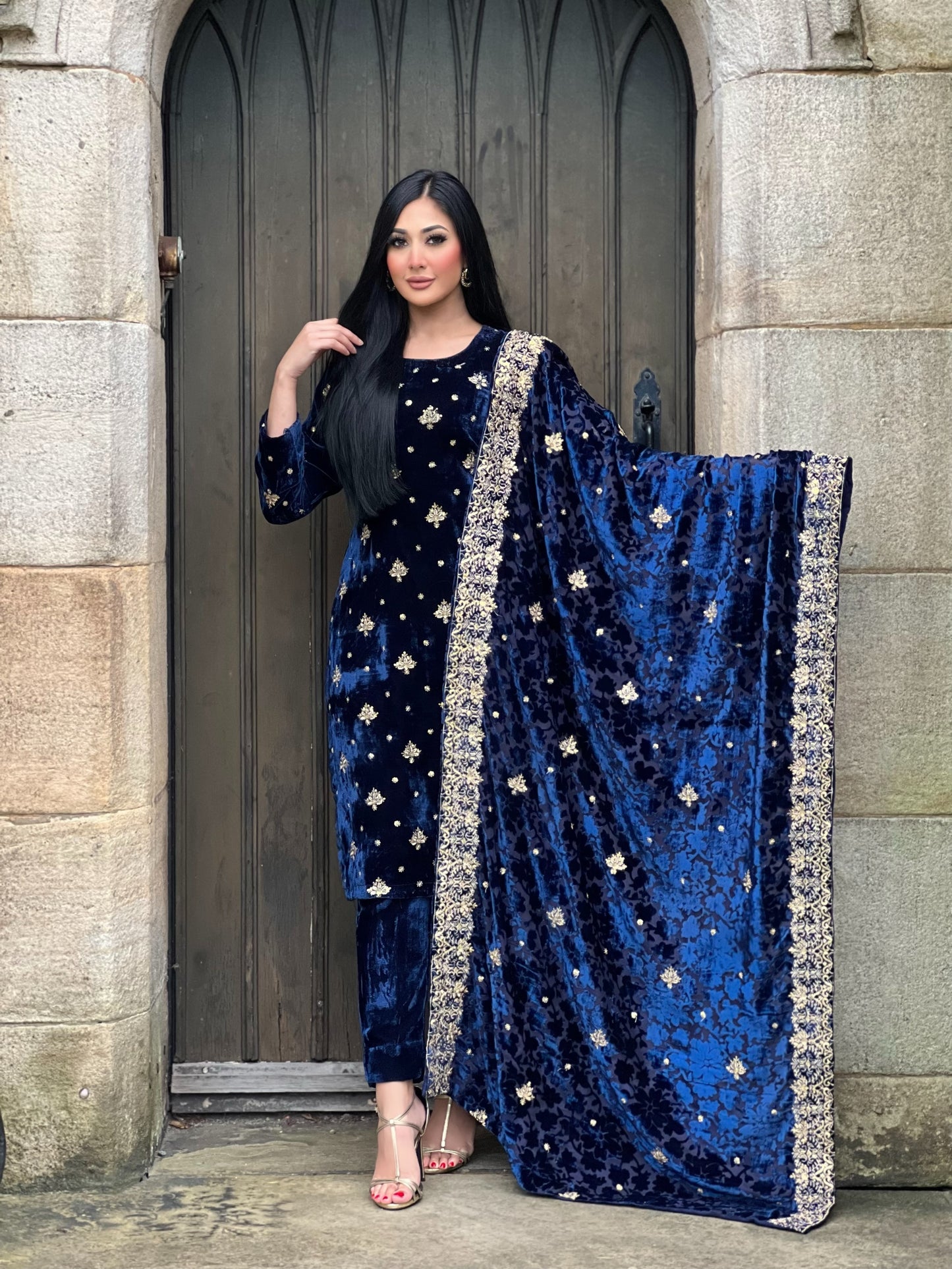 EMBROIDERED 3PC NAVY VELVET-IMMEDIATE DELIVERY