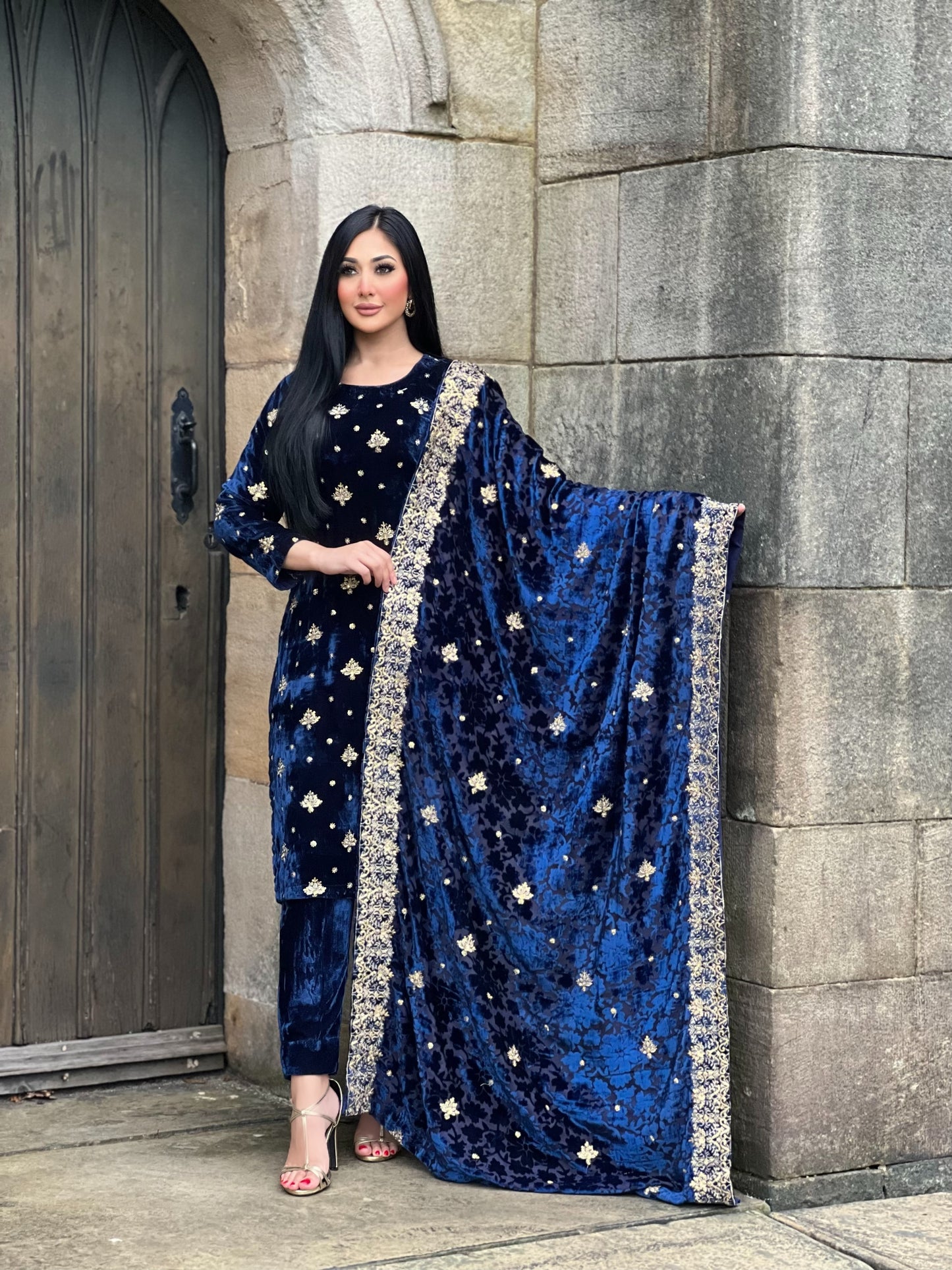 EMBROIDERED 3PC NAVY VELVET-IMMEDIATE DELIVERY