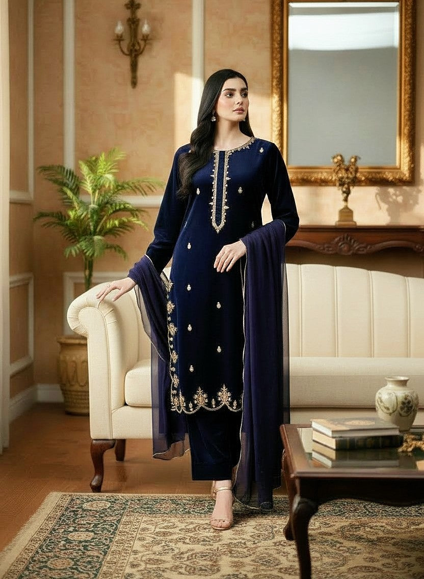 NAVY 3PC EMBROIDERED VELVET-EID DELIVERY-LIMITED STOCK