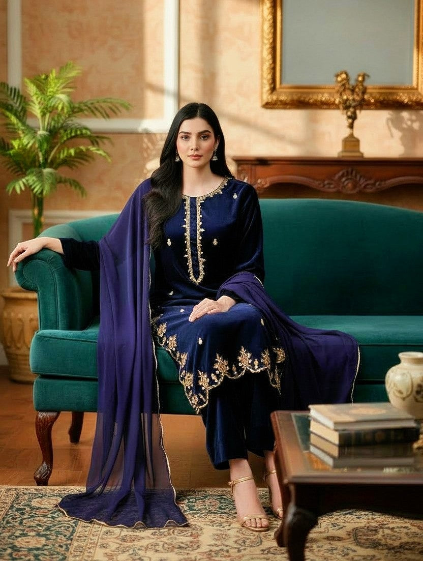 NAVY 3PC EMBROIDERED VELVET-EID DELIVERY-LIMITED STOCK