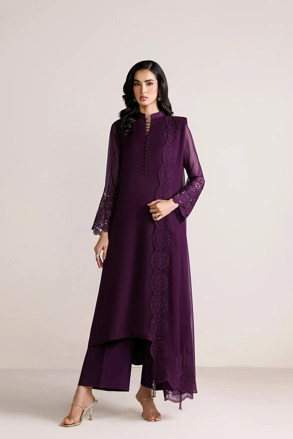LONG KAMEEZ/PLAZO 3PC CHIFFON-DELIVERY 3/4 WEEKS