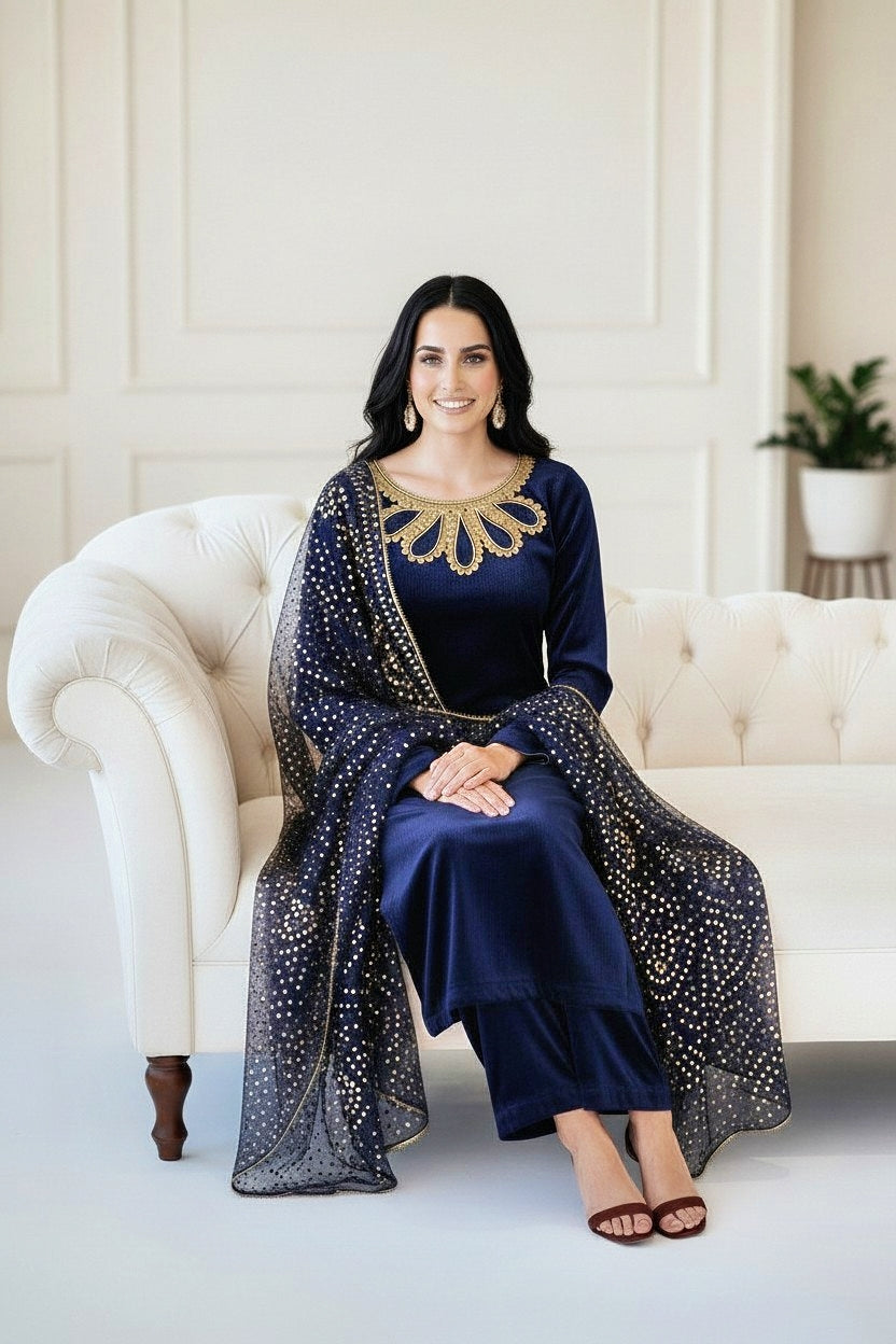 NAVY 3PC CHUNRI-IMMEDIATE DELIVERY