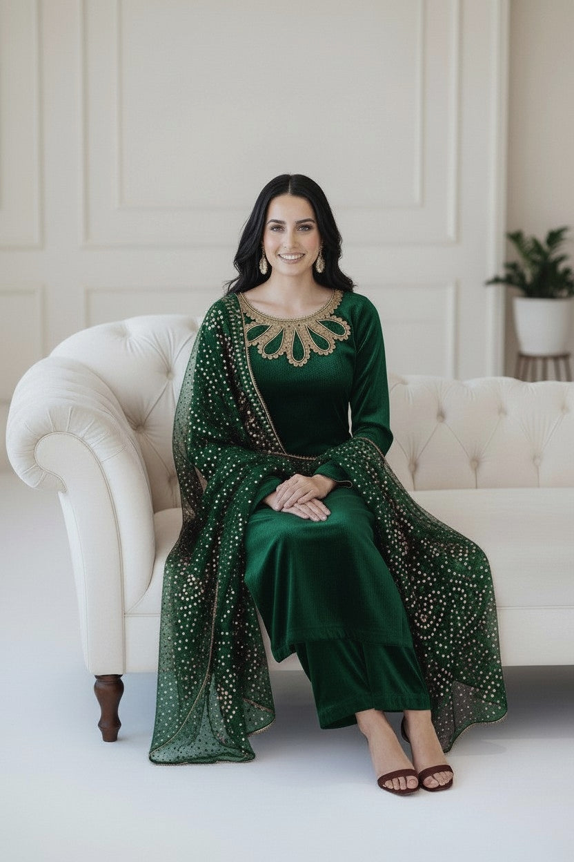 GREEN 3PC CHUNRI - IMMEDIATE DELIVERY