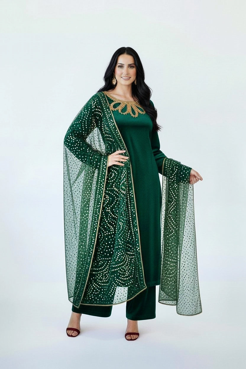 GREEN 3PC CHUNRI - IMMEDIATE DELIVERY