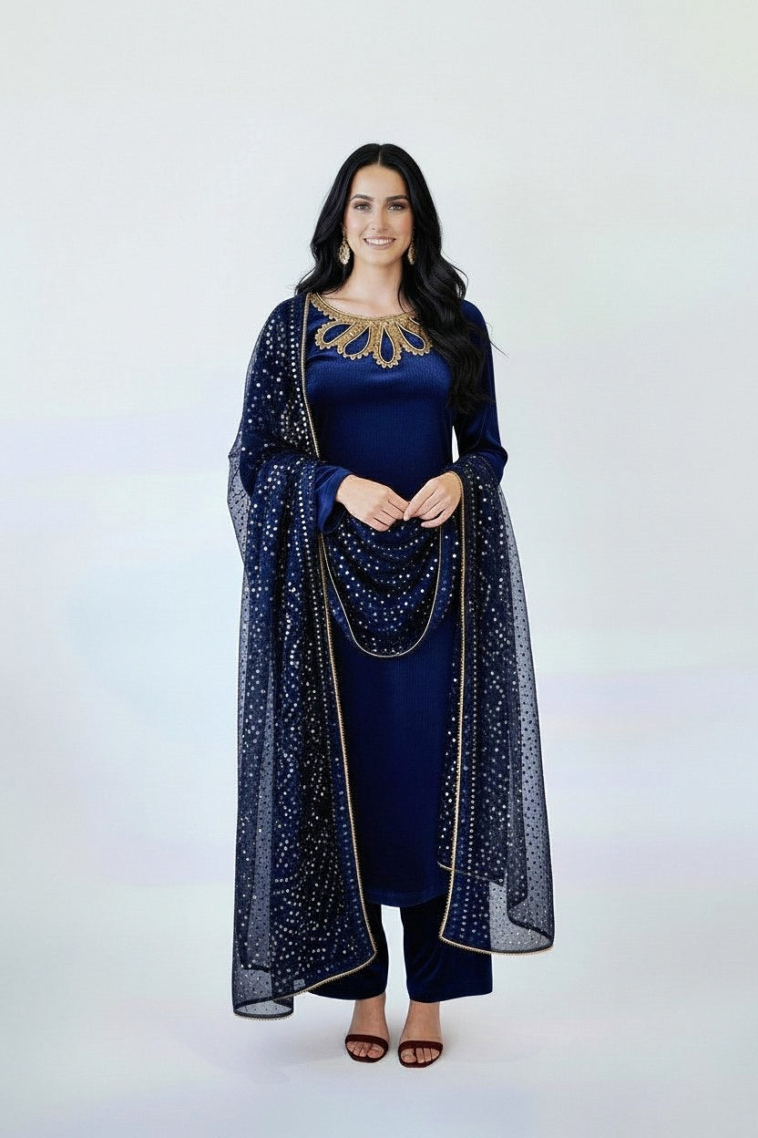 NAVY 3PC CHUNRI-IMMEDIATE DELIVERY