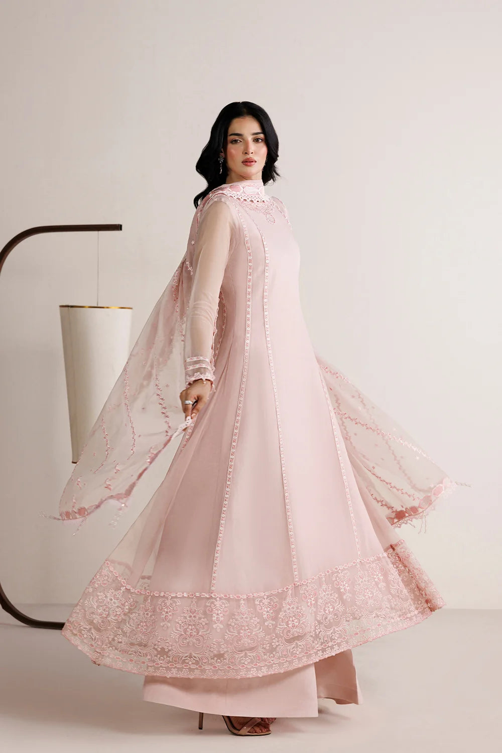 LONG KAMEEZ 3PC CHIFFON-PASTEL PINK-DELIVERY 3/4 WEEKS
