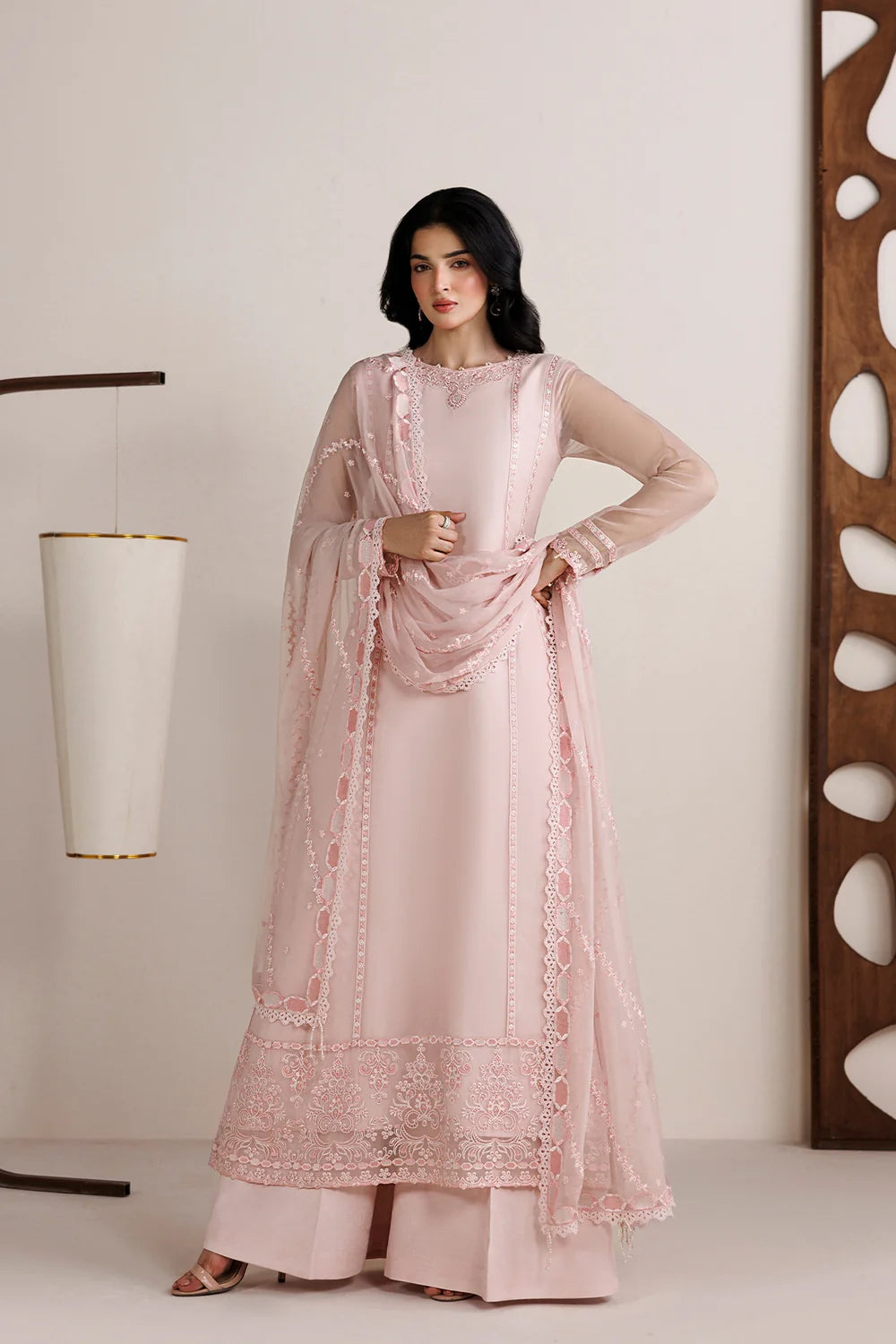LONG KAMEEZ 3PC CHIFFON-PASTEL PINK-DELIVERY 3/4 WEEKS