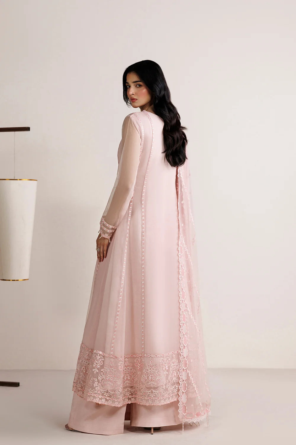 LONG KAMEEZ 3PC CHIFFON-PASTEL PINK-DELIVERY 3/4 WEEKS