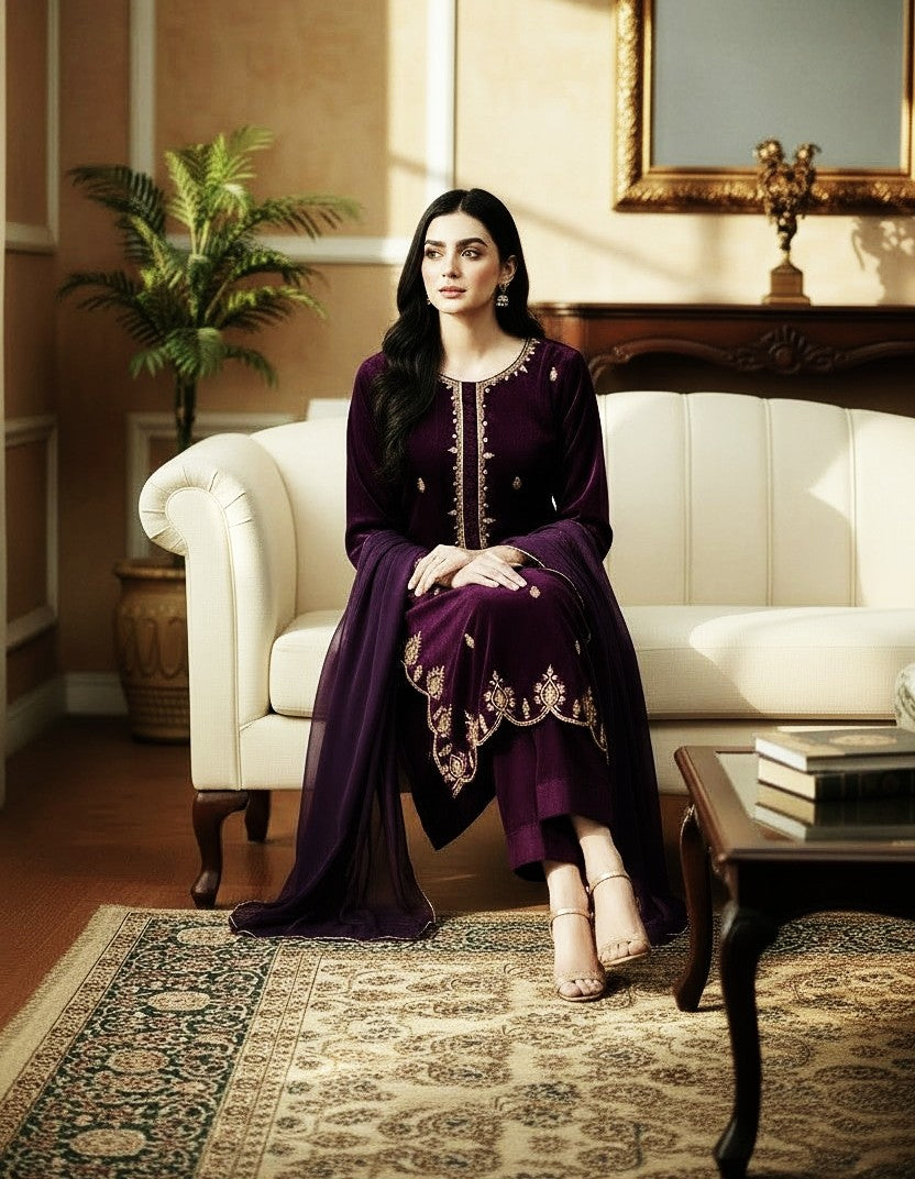 PLUM 3PC EMBROIDERED VELVET-EID DELIVERY-LIMITED STOCK