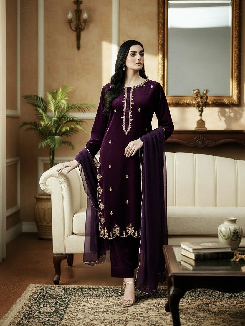PLUM 3PC EMBROIDERED VELVET-EID DELIVERY-LIMITED STOCK