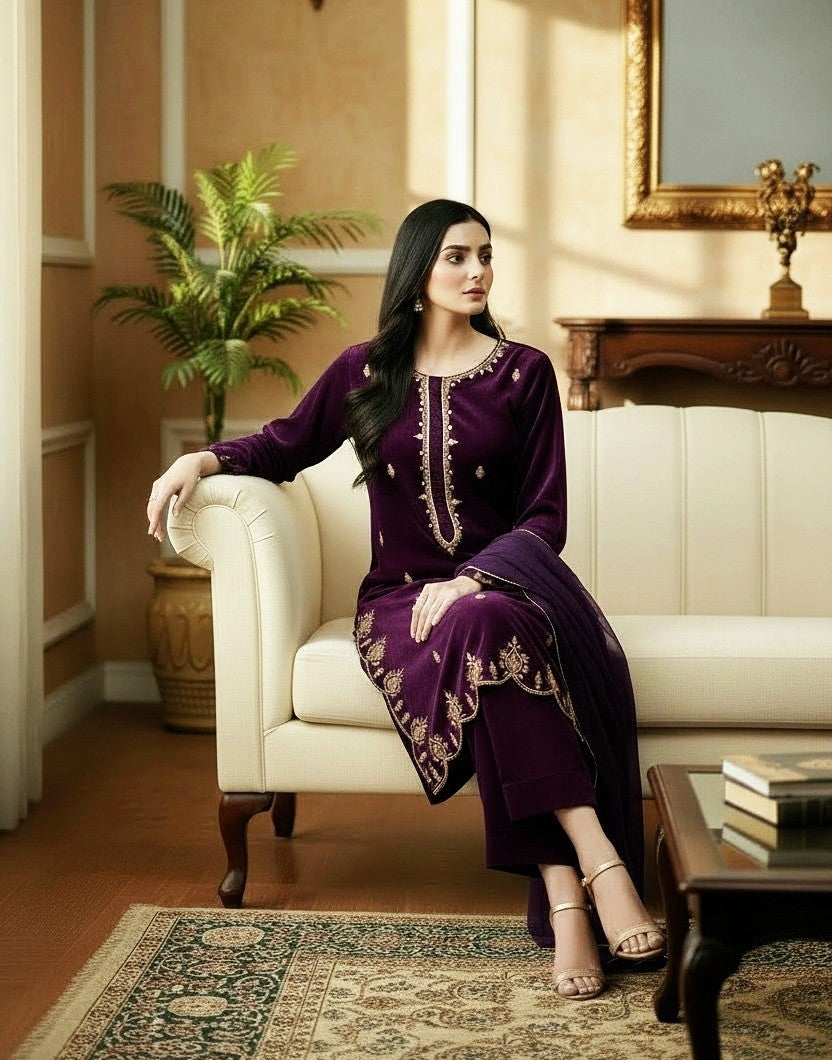 PLUM 3PC EMBROIDERED VELVET-EID DELIVERY-LIMITED STOCK