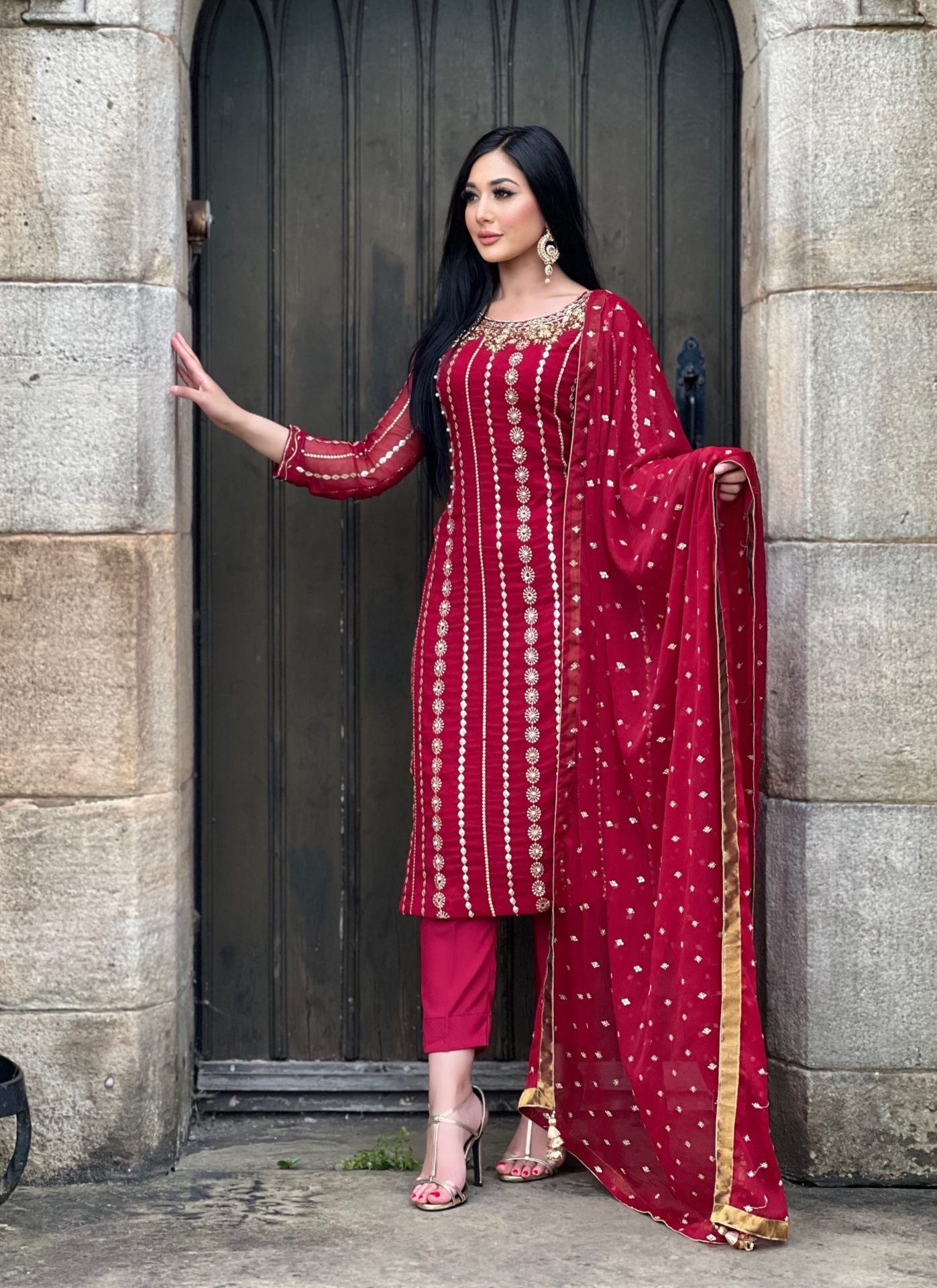 Maroon chiffon 3pc embroidered - immediate delivery