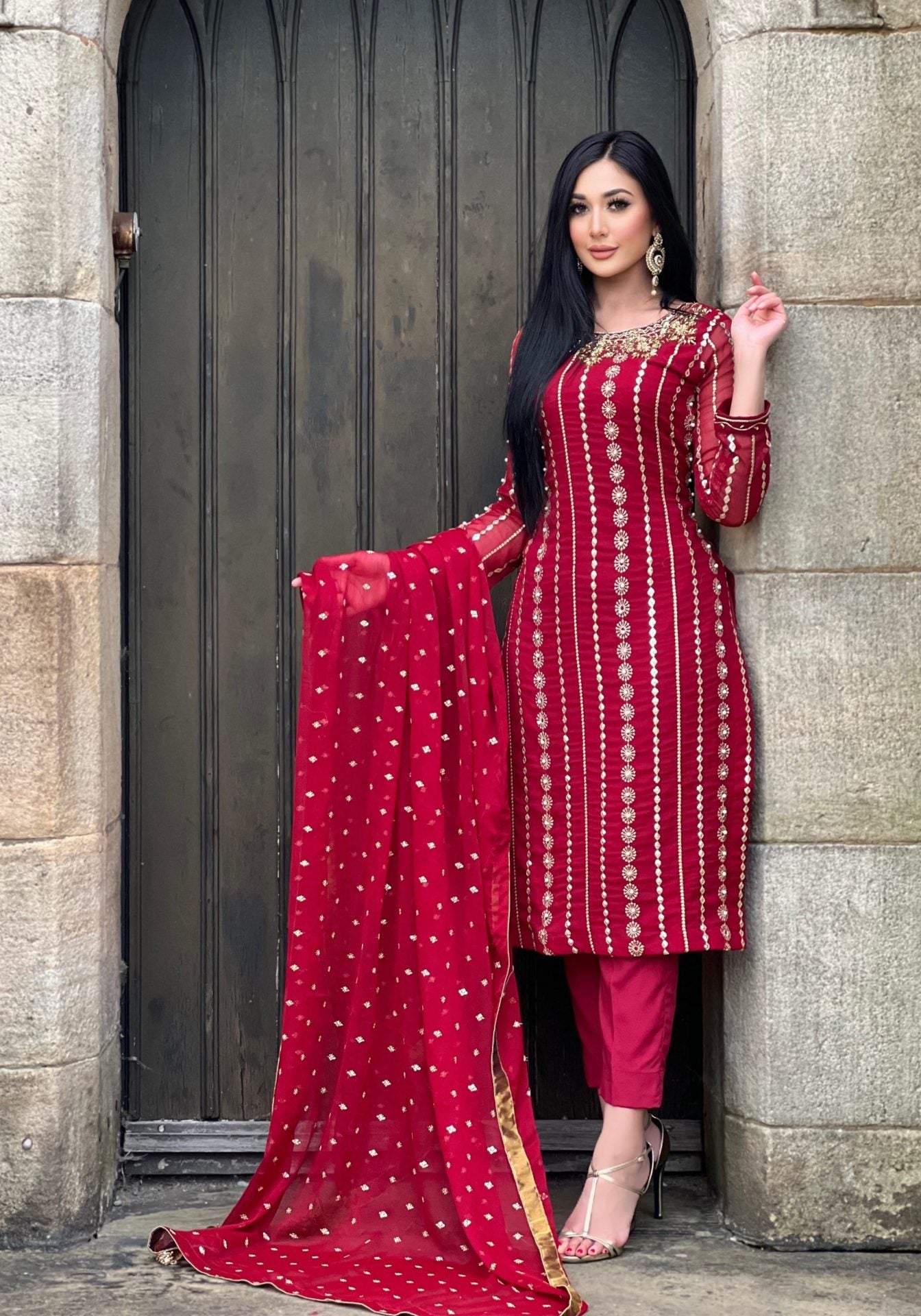 Maroon chiffon 3pc embroidered - immediate delivery