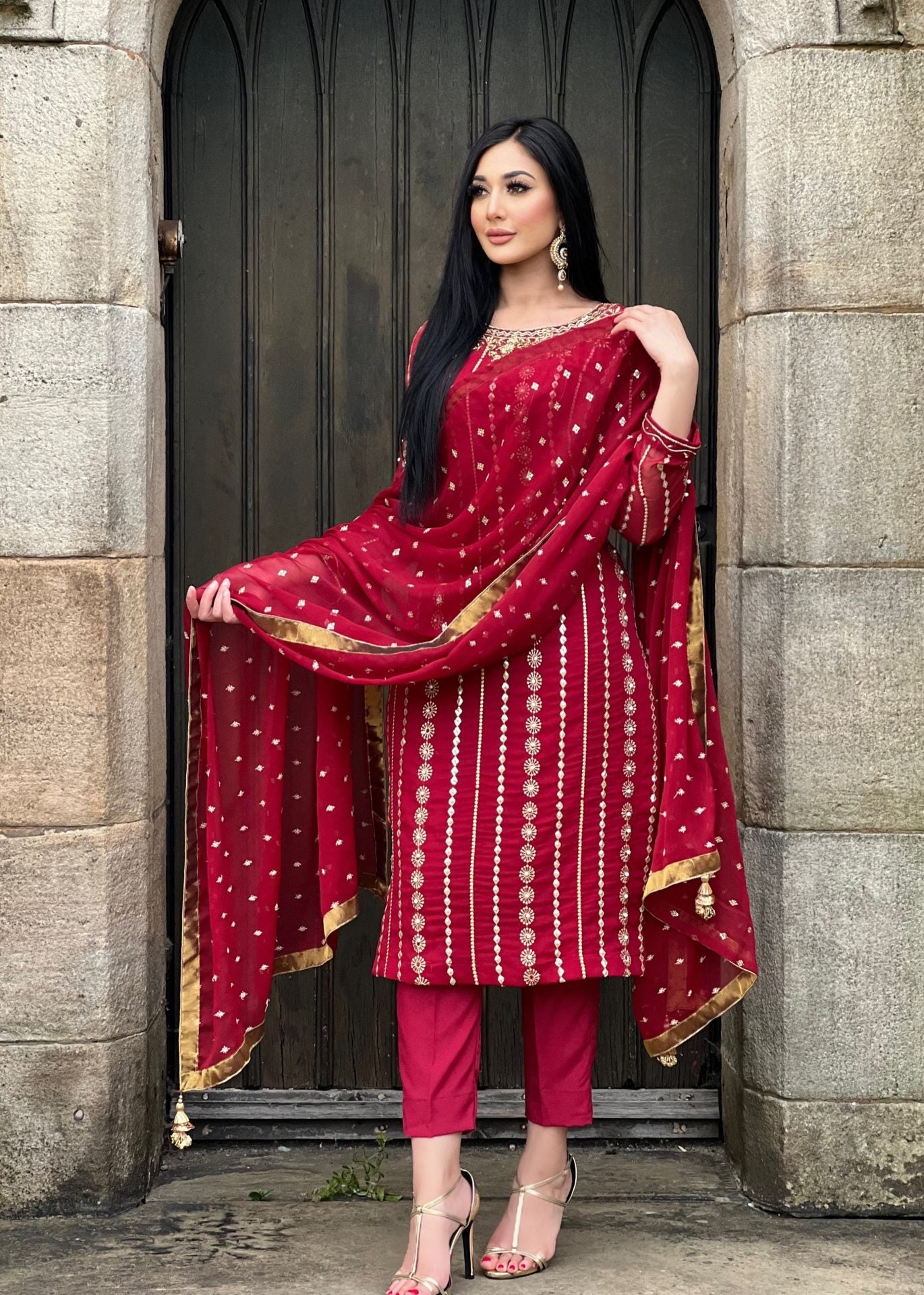 Maroon chiffon 3pc embroidered - immediate delivery