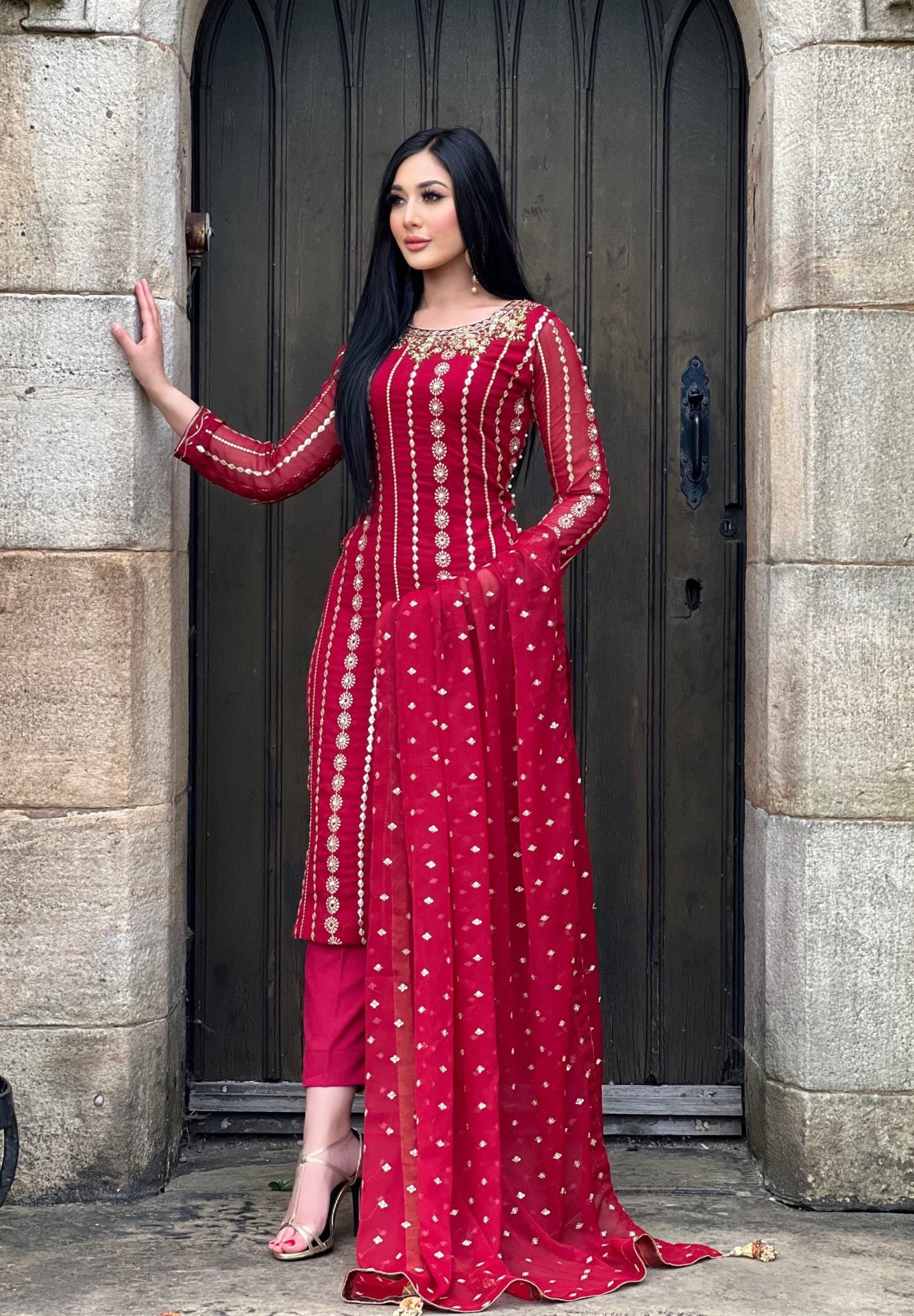 Maroon chiffon 3pc embroidered - immediate delivery