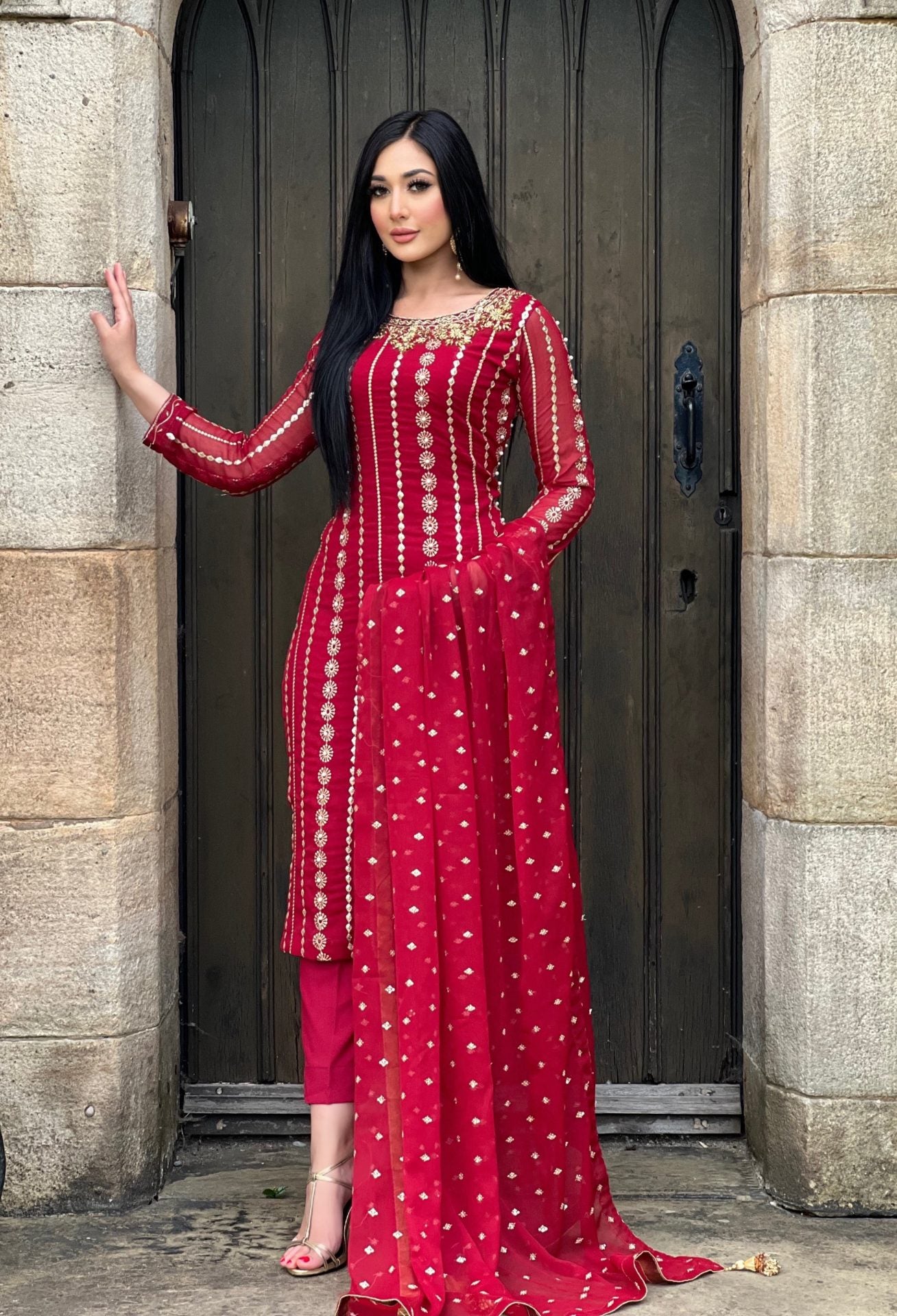 Maroon chiffon 3pc embroidered - immediate delivery