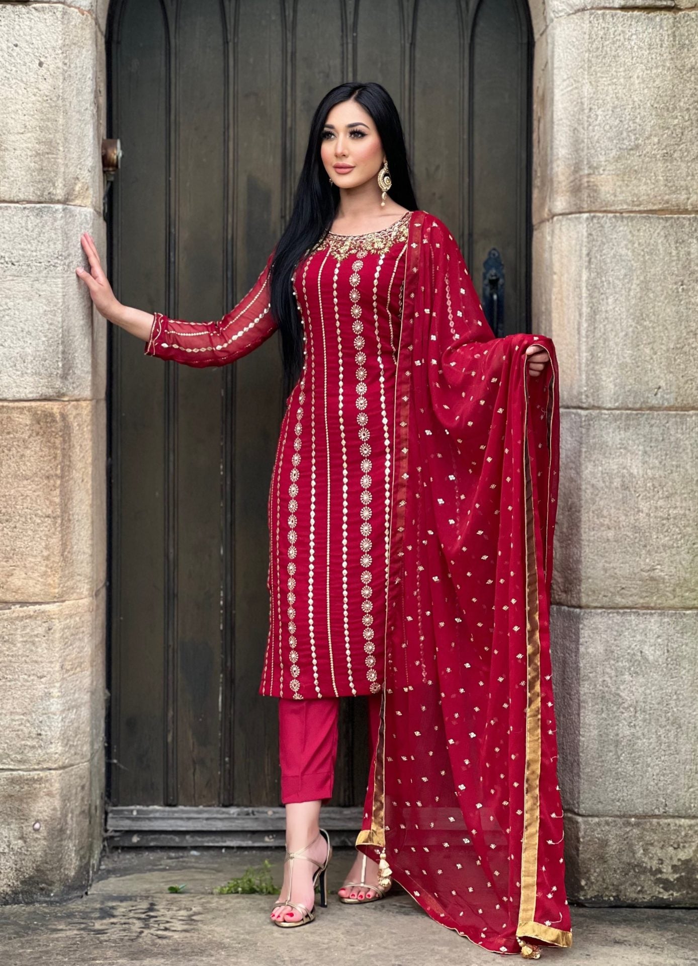 Maroon chiffon 3pc embroidered - immediate delivery